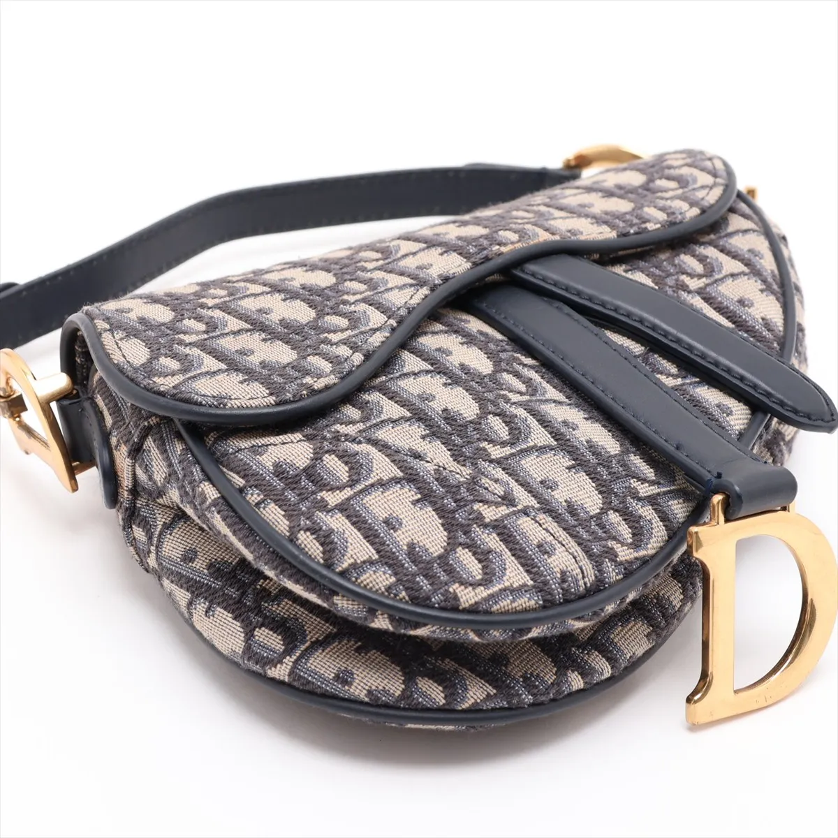 Oblique Saddle Bag Canvas x Leather Handbag Navy — view 4