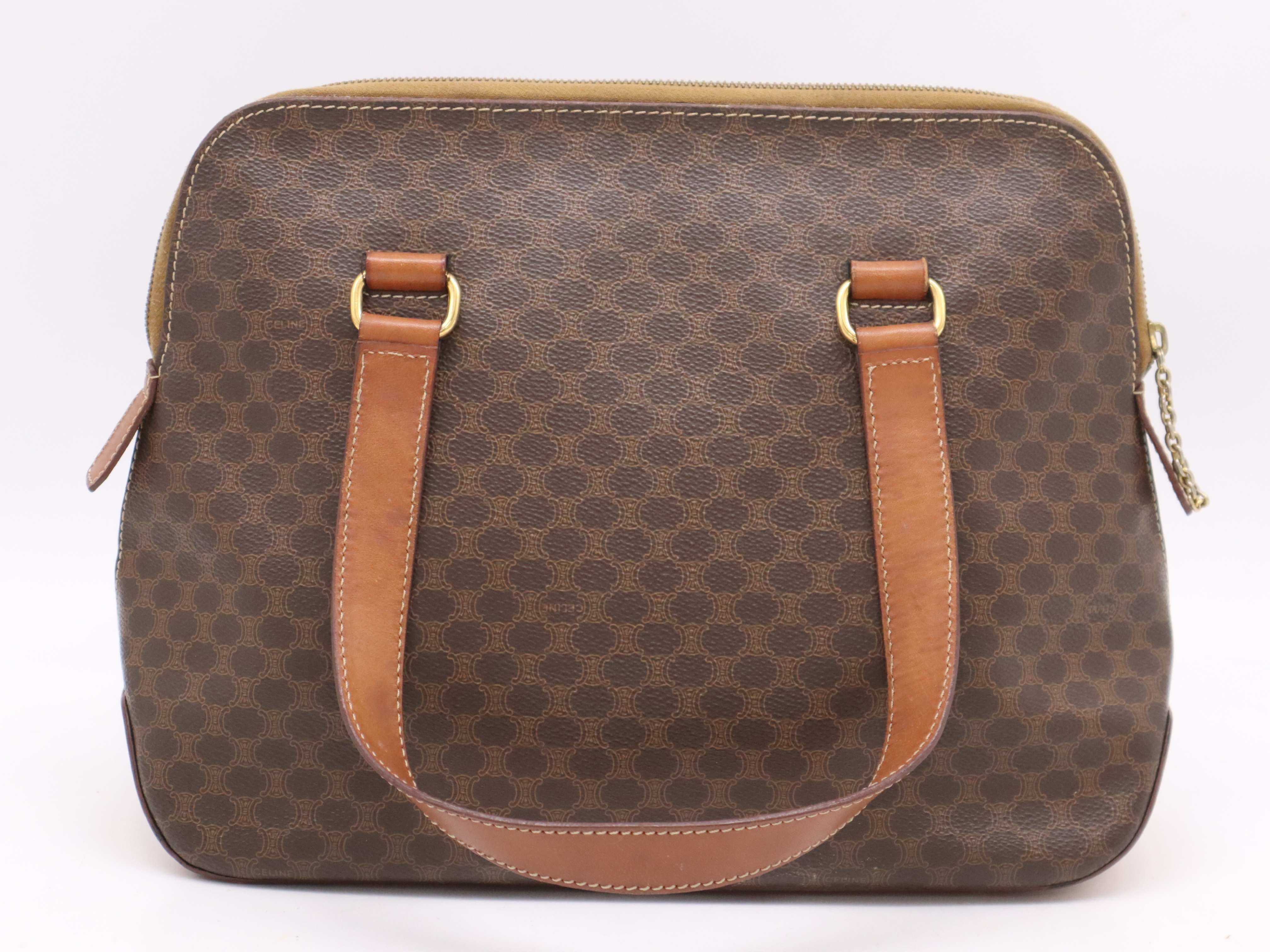 Leather Round Tote Bag, Brown, Gold Hardware — view 2