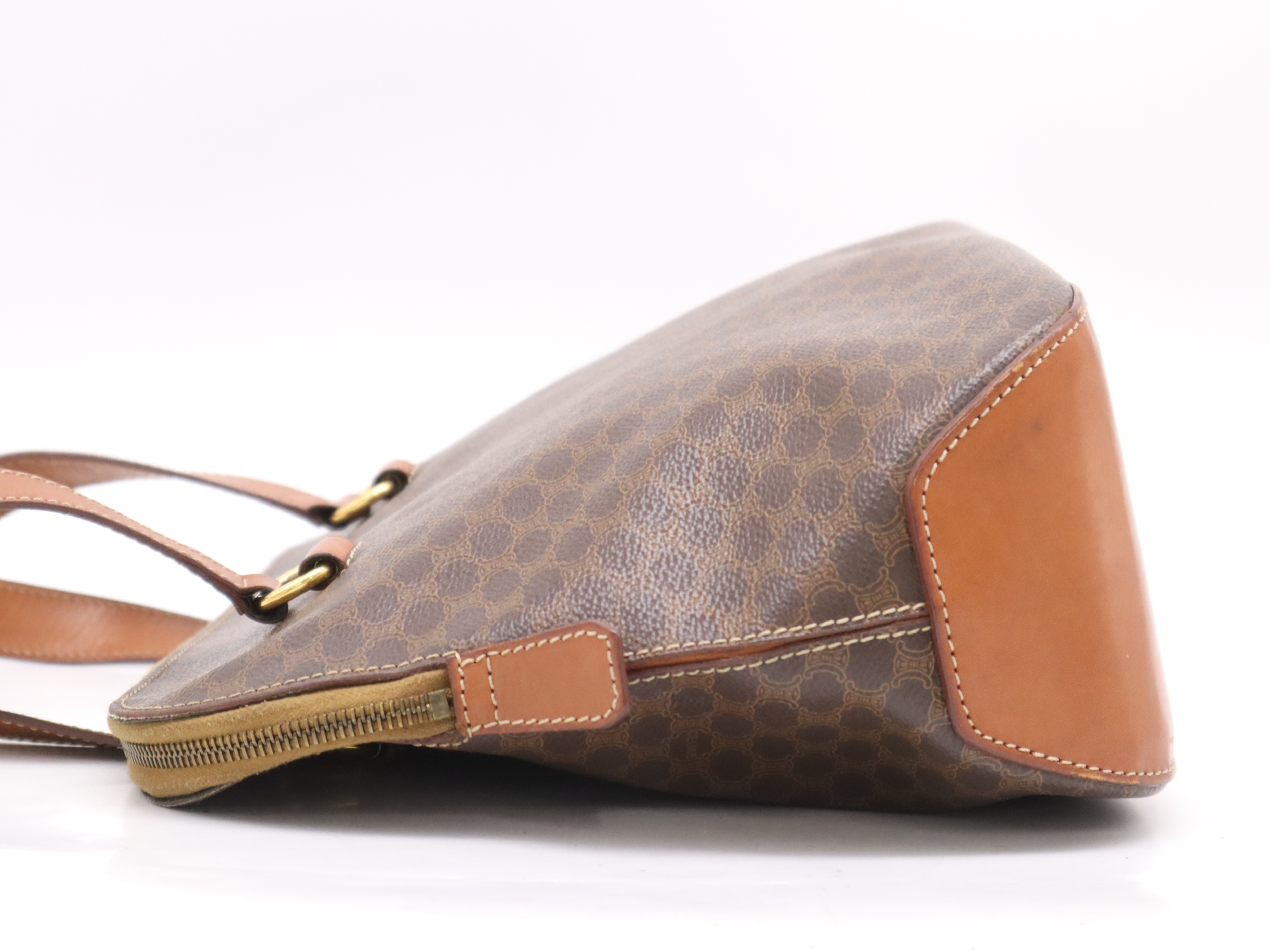 Leather Round Tote Bag, Brown, Gold Hardware — view 3
