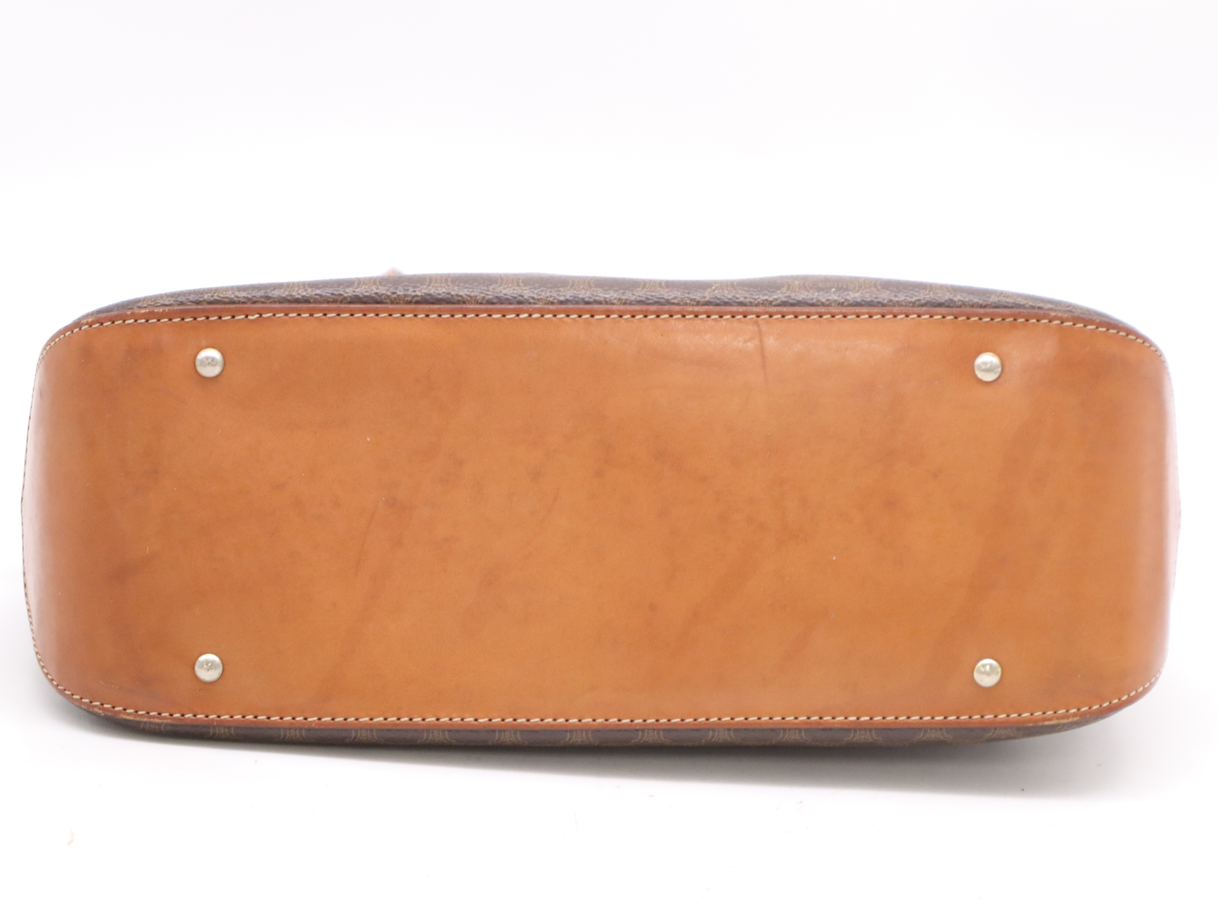 Leather Round Tote Bag, Brown, Gold Hardware — view 4