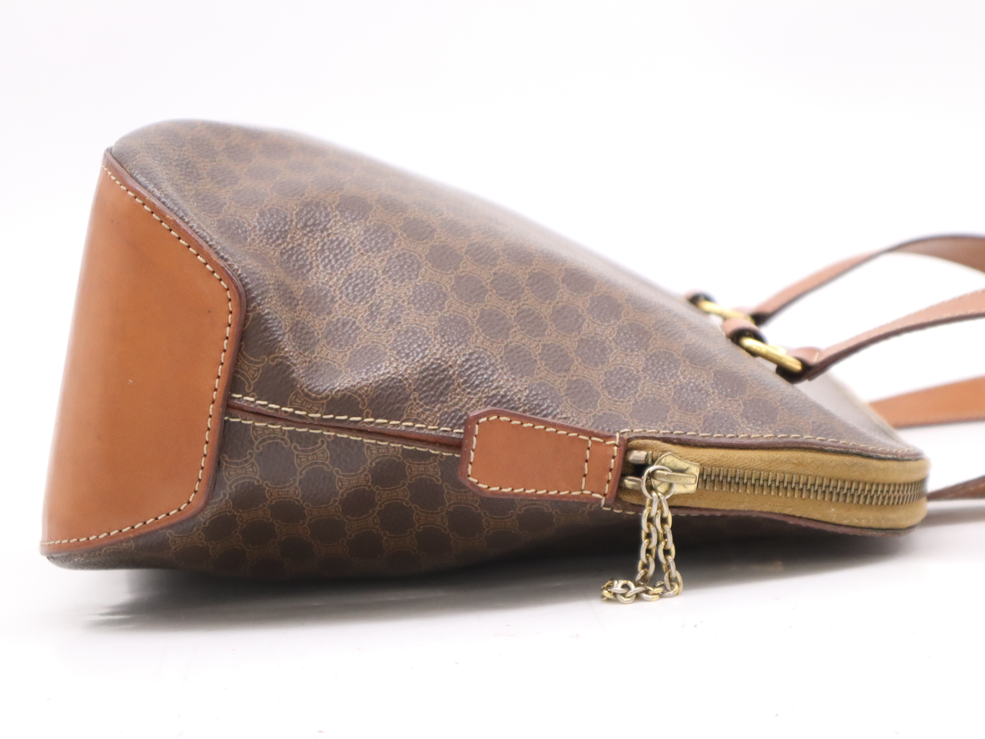 Leather Round Tote Bag, Brown, Gold Hardware — view 5