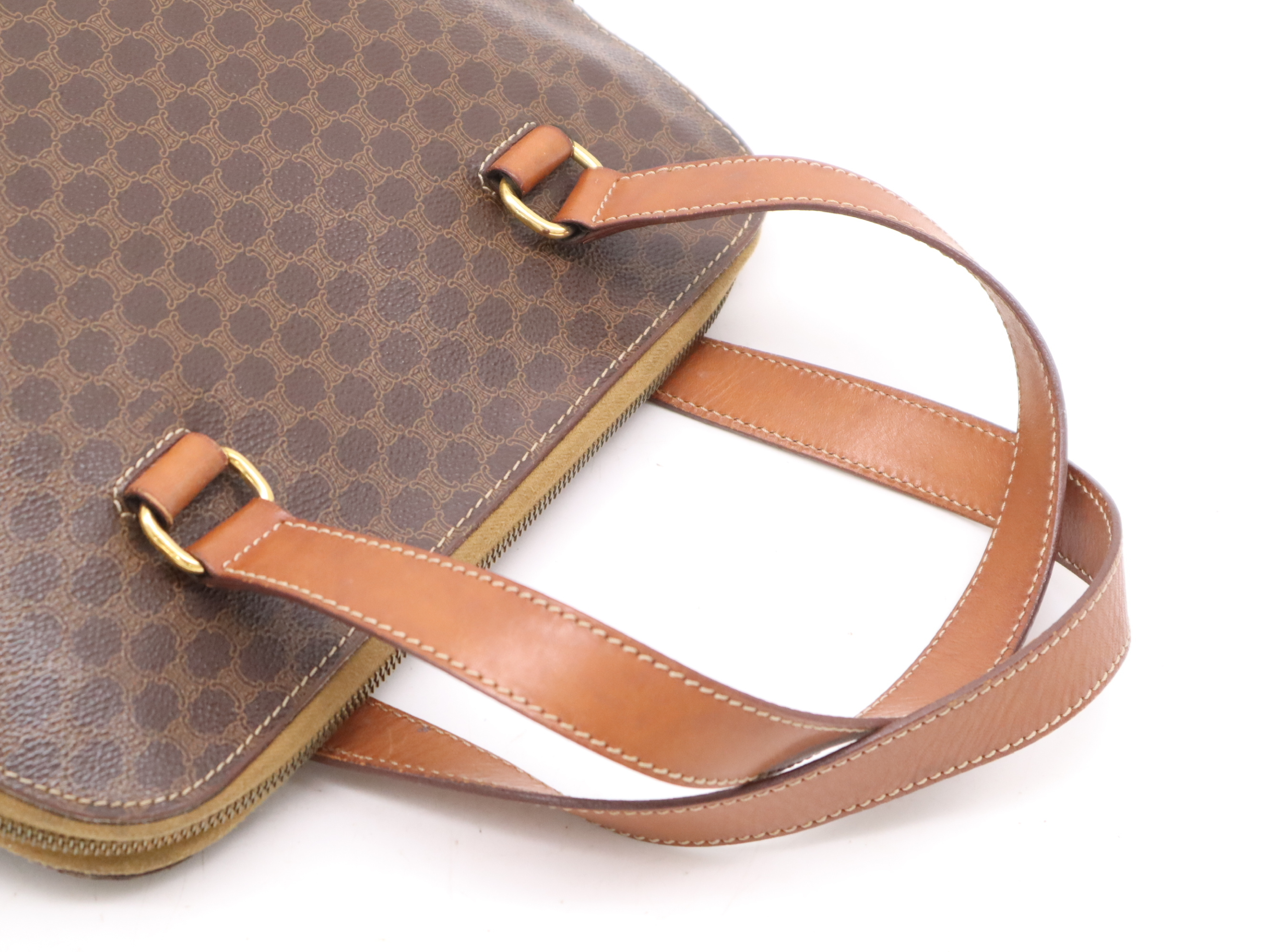 Leather Round Tote Bag, Brown, Gold Hardware — view 6