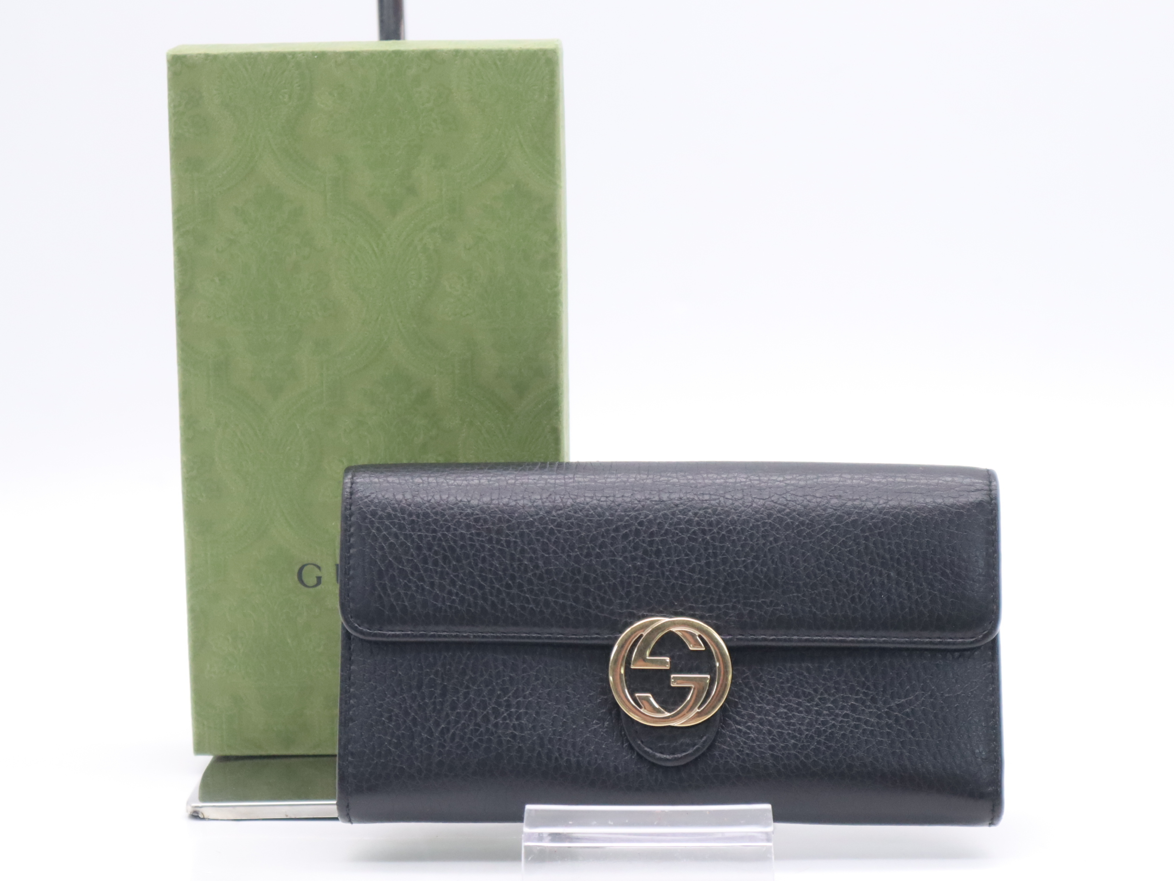 615524 Leather Interlocking G Continental Wallet, Black with Gold Hardware, Box Included.
