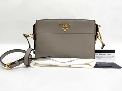 1BH104 Logo Shoulder Bag, Gold Hardware, Saffiano Leather, Gray Shoulder Bag