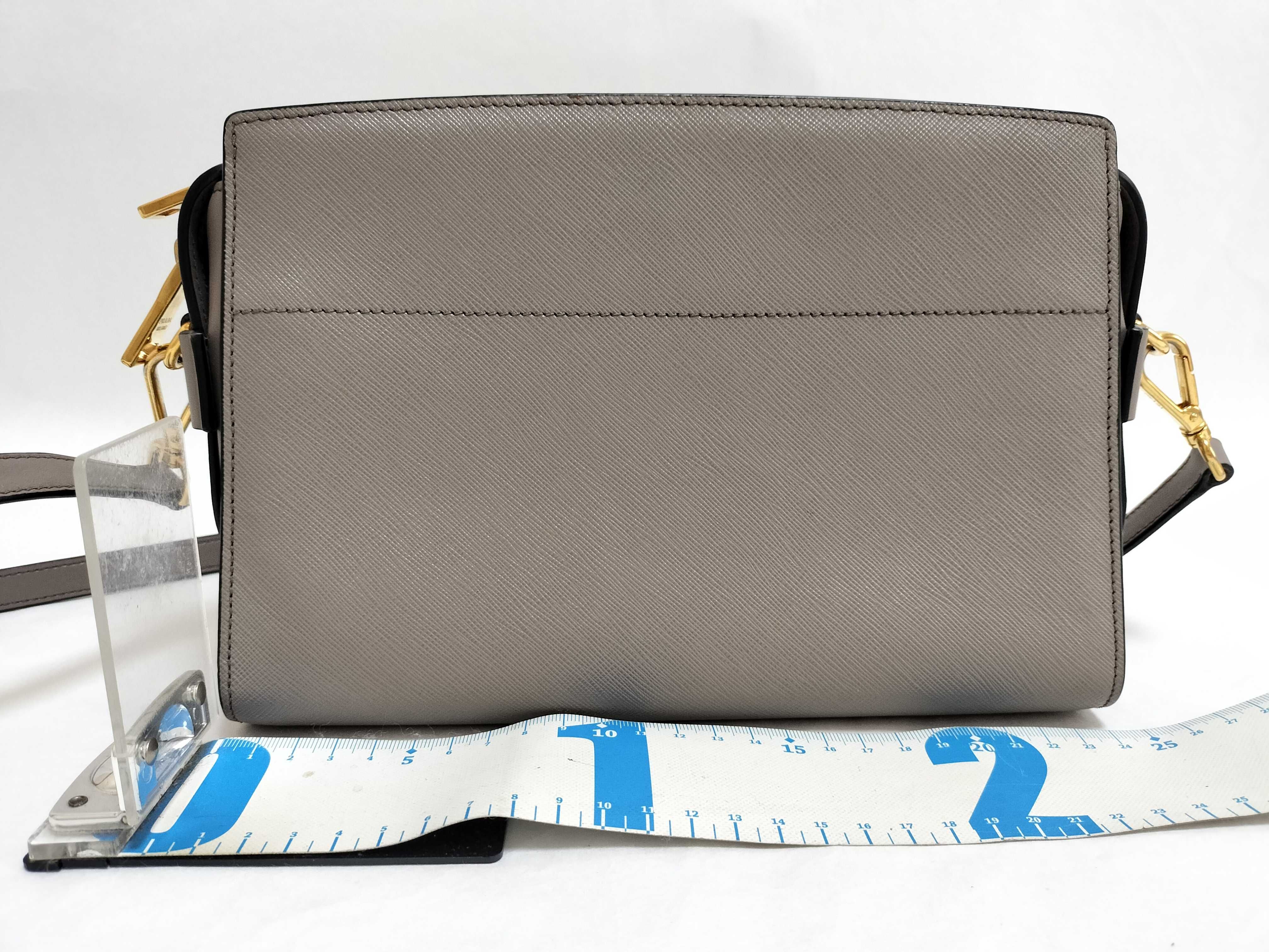 1BH104 Logo Shoulder Bag, Gold Hardware, Saffiano Leather, Gray Shoulder Bag — view 2