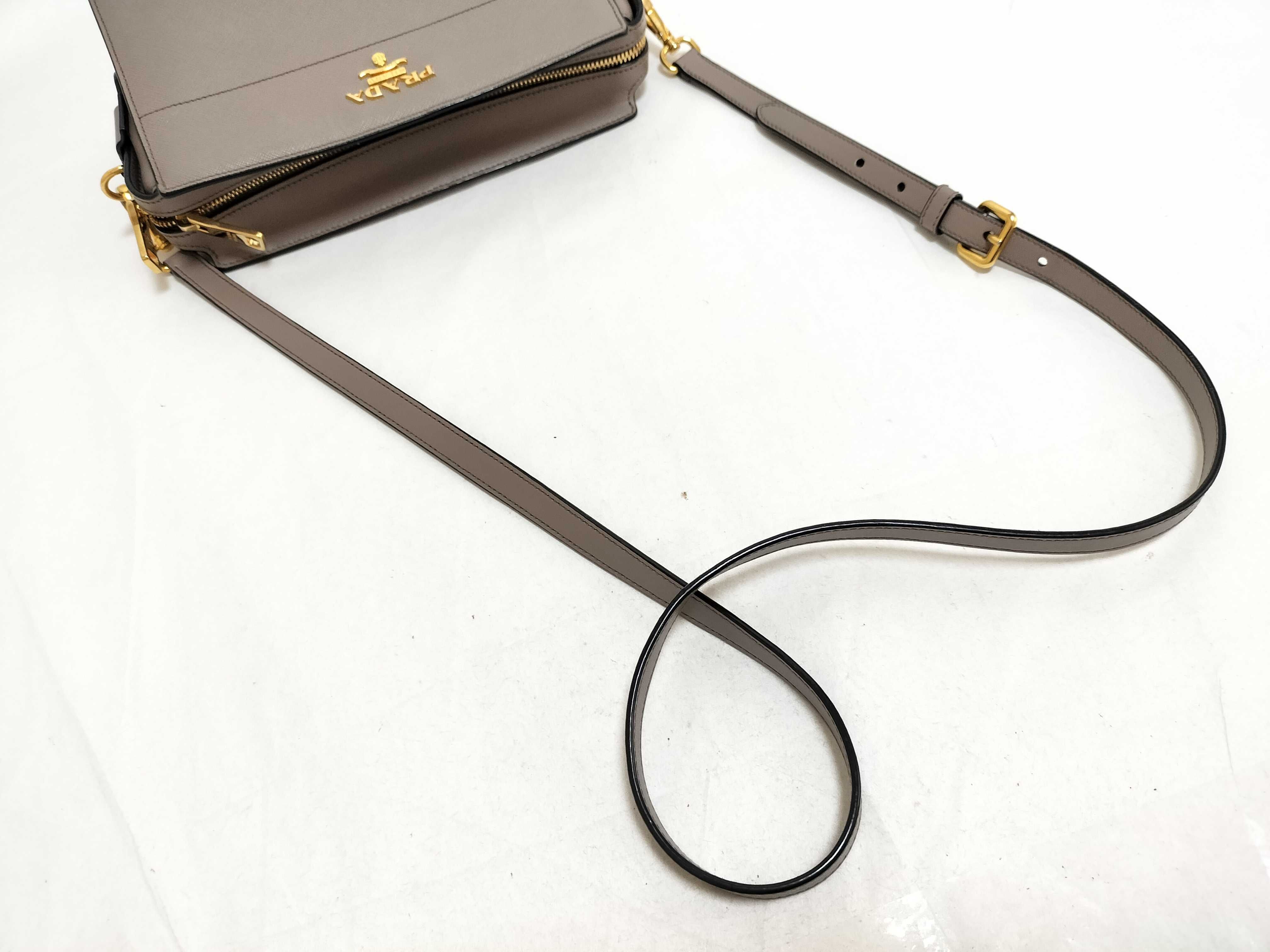 1BH104 Logo Shoulder Bag, Gold Hardware, Saffiano Leather, Gray Shoulder Bag — view 3