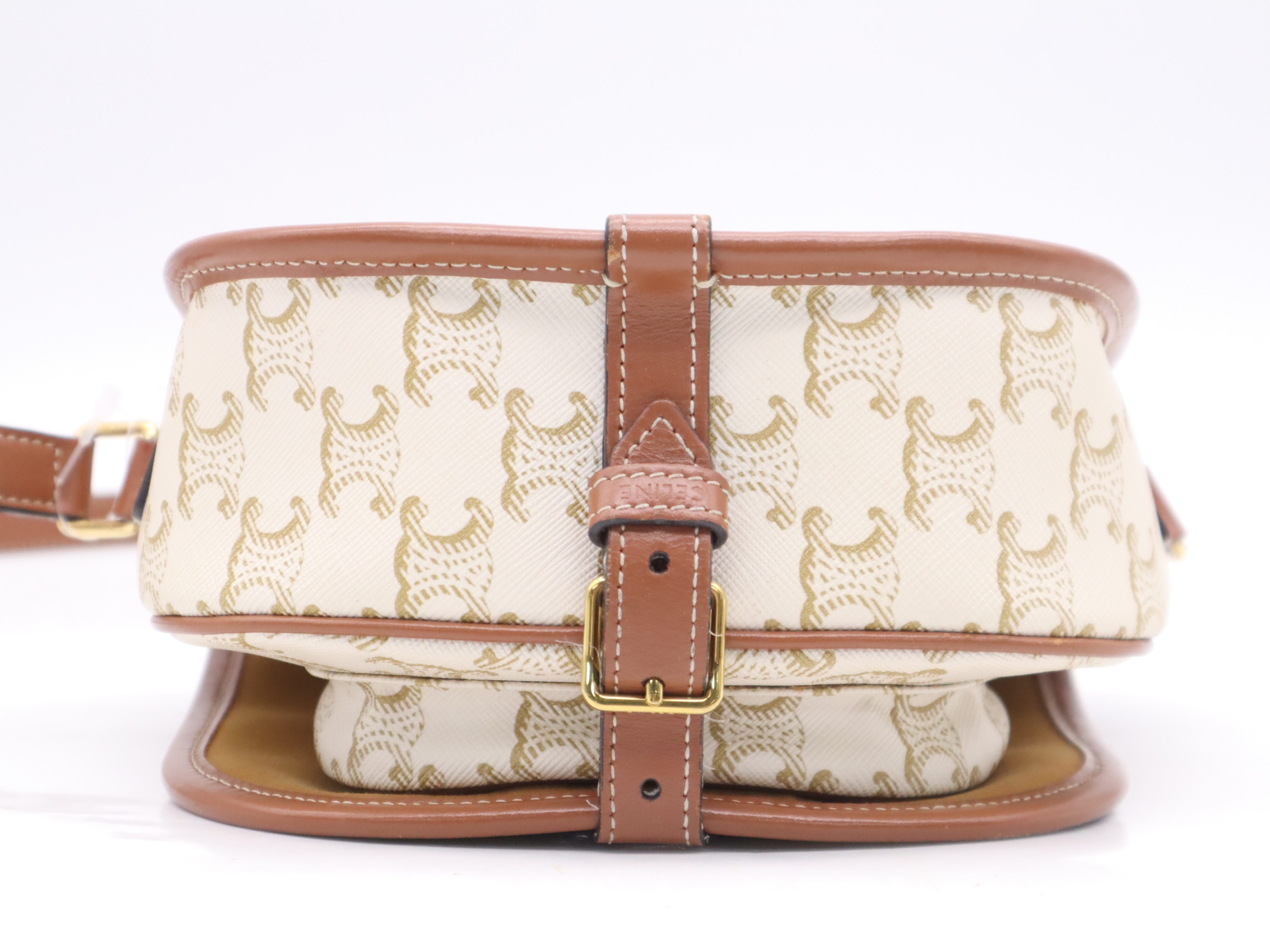 Leather Triomphe Falco Medium Shoulder Bag, White Brown, Gold Hardware — view 4