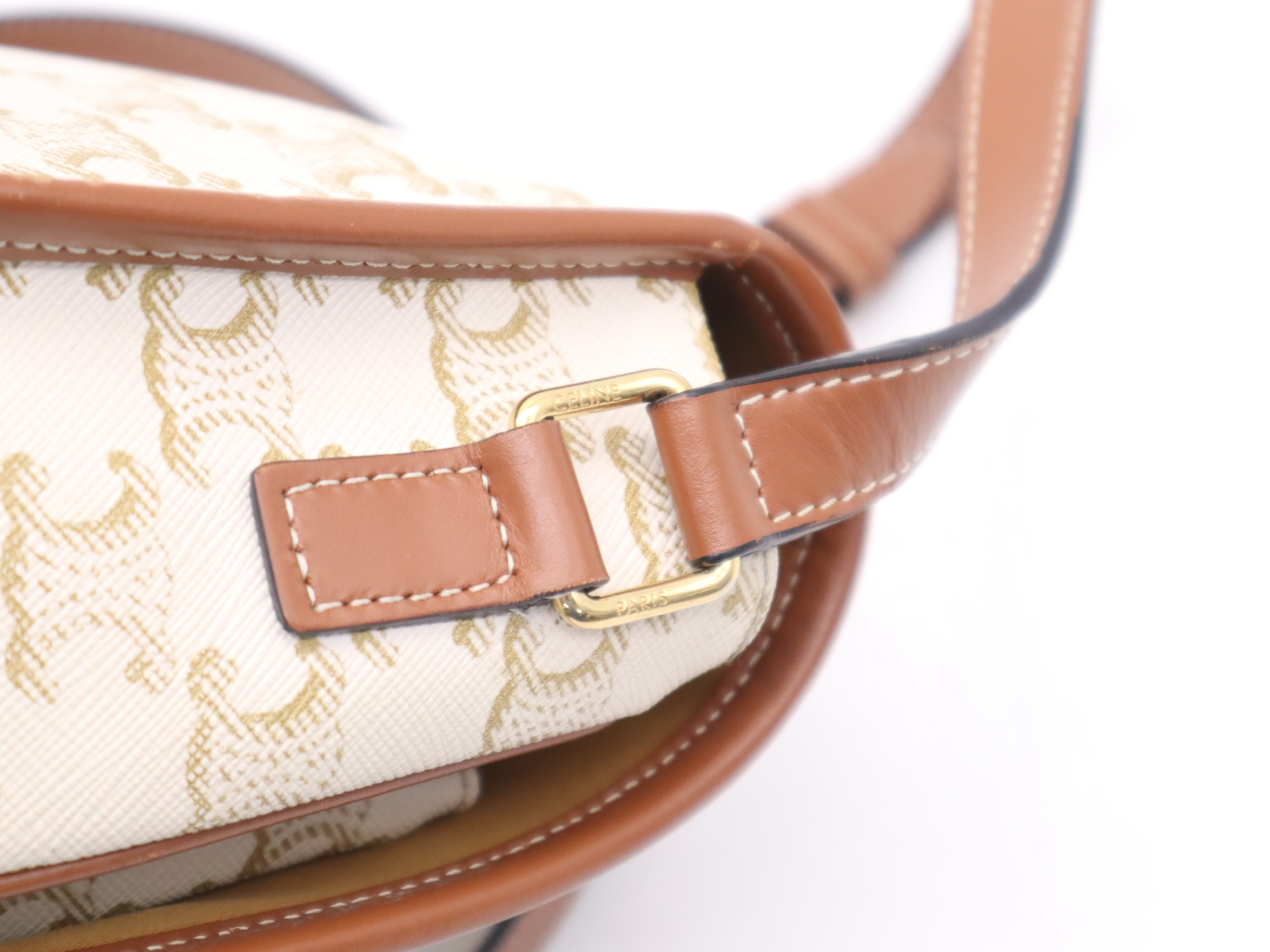 Leather Triomphe Falco Medium Shoulder Bag, White Brown, Gold Hardware — view 7