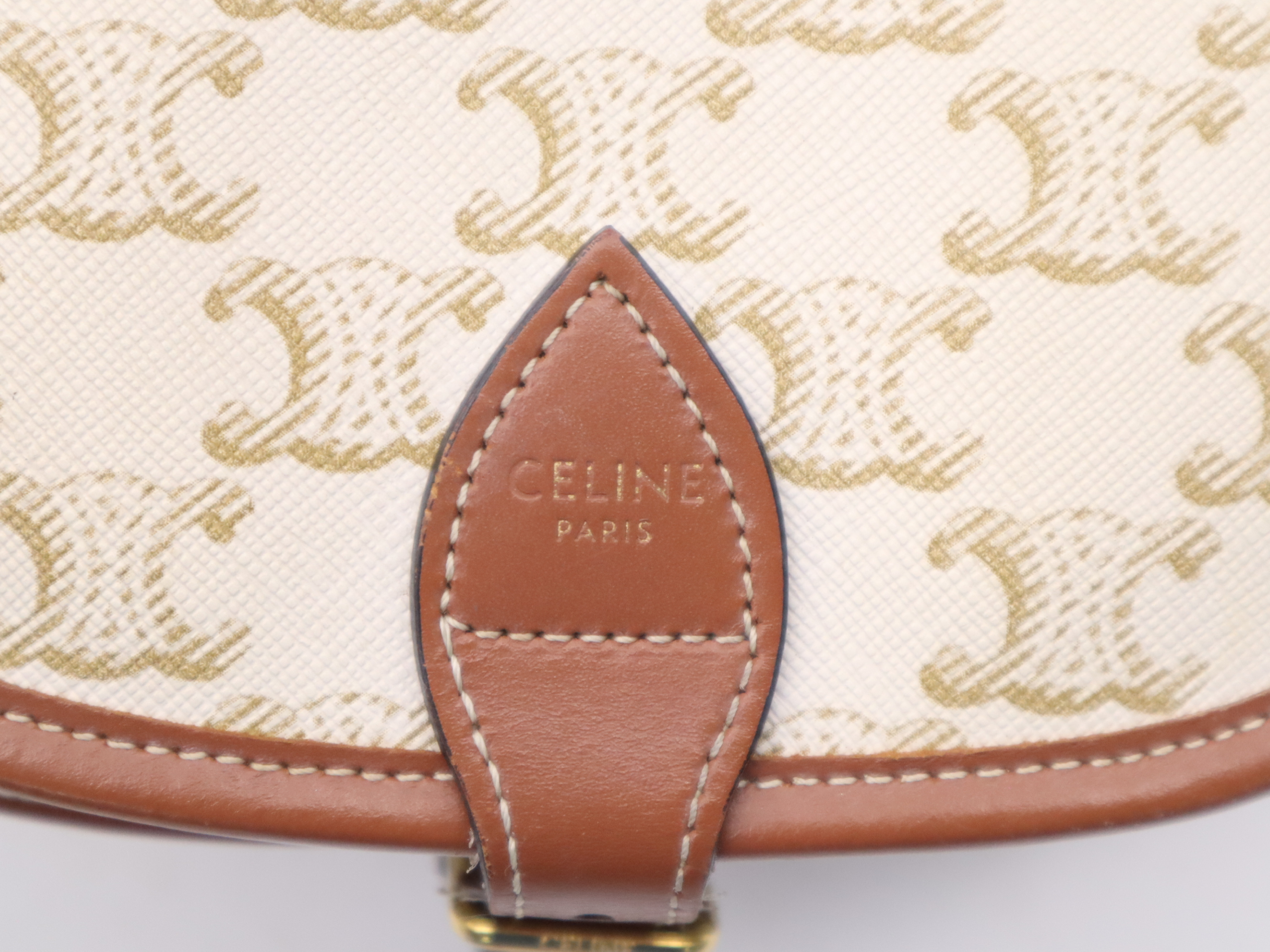 Leather Triomphe Falco Medium Shoulder Bag, White Brown, Gold Hardware — view 9