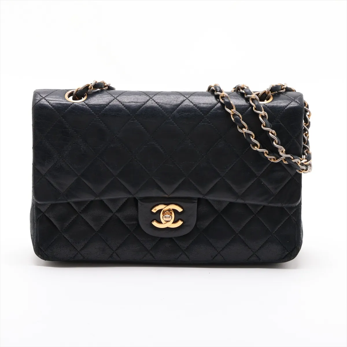 Matelassé 25 Lambskin Double Flap Double Chain Bag, Black with Gold Hardware, 1220306, Series 1, A01112