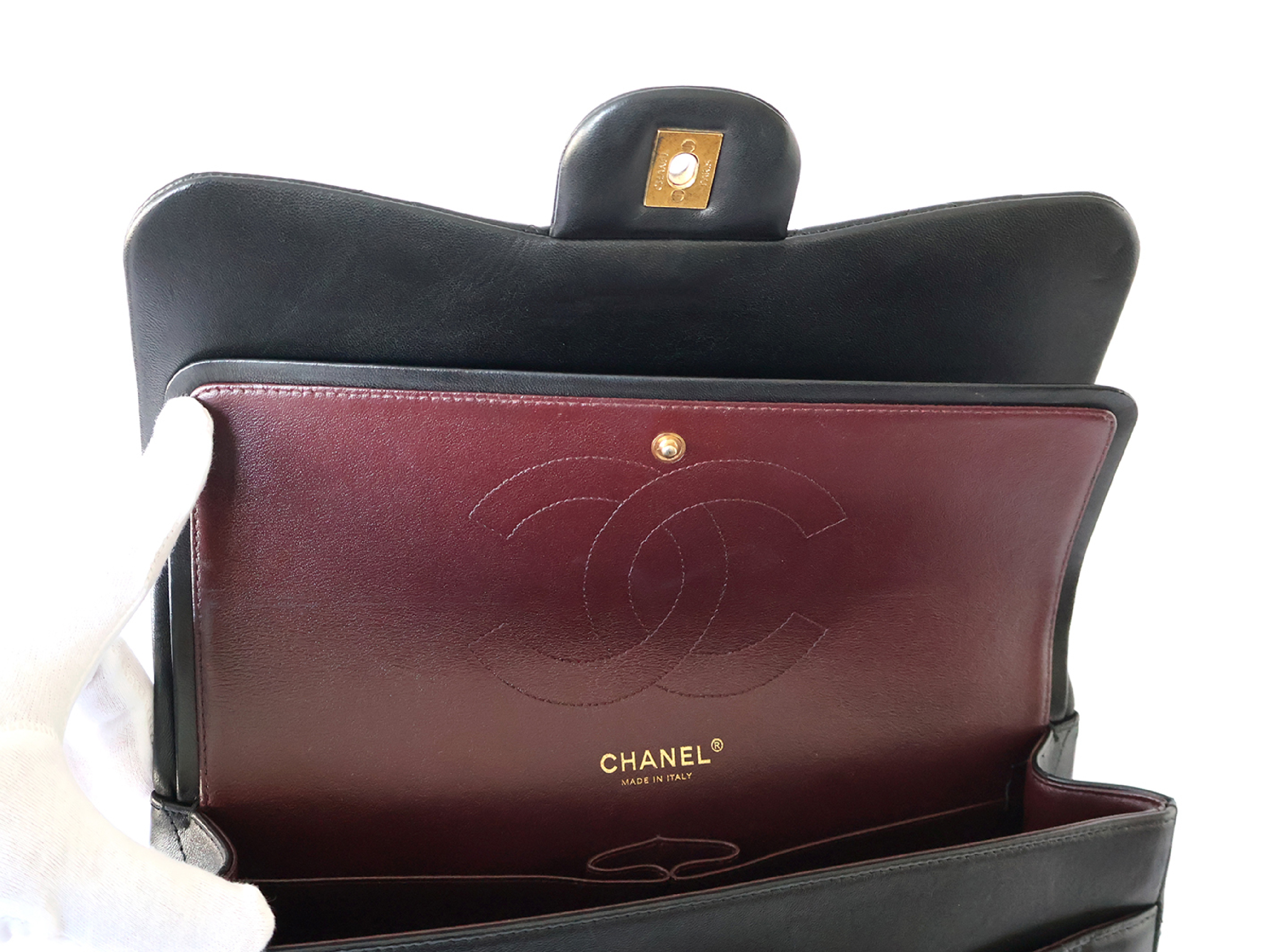 (with seal, serial number 19) Large Matelassé Lambskin Double Flap Double Chain Shoulder Bag, Black — view 11