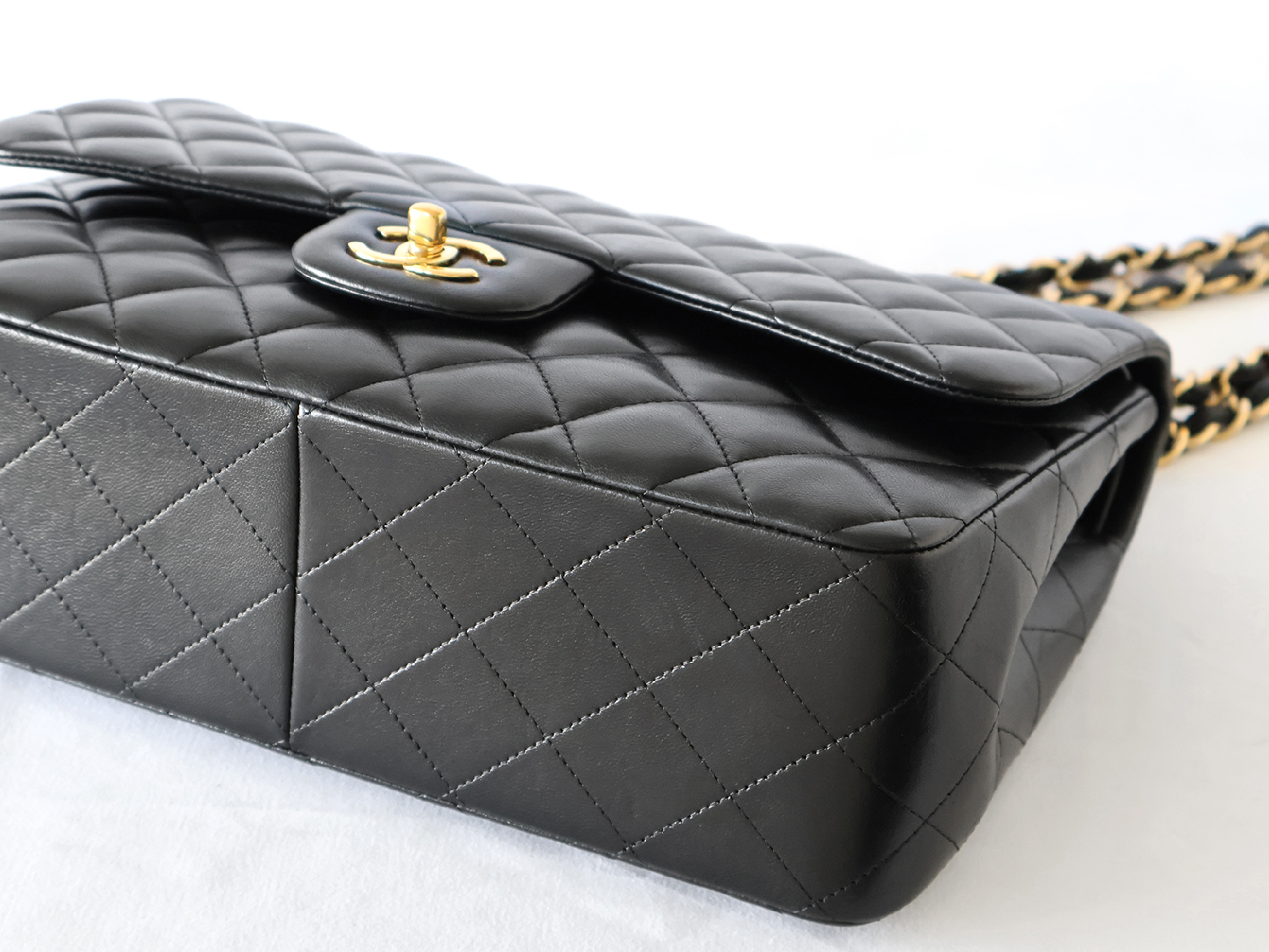 (with seal, serial number 19) Large Matelassé Lambskin Double Flap Double Chain Shoulder Bag, Black — view 4