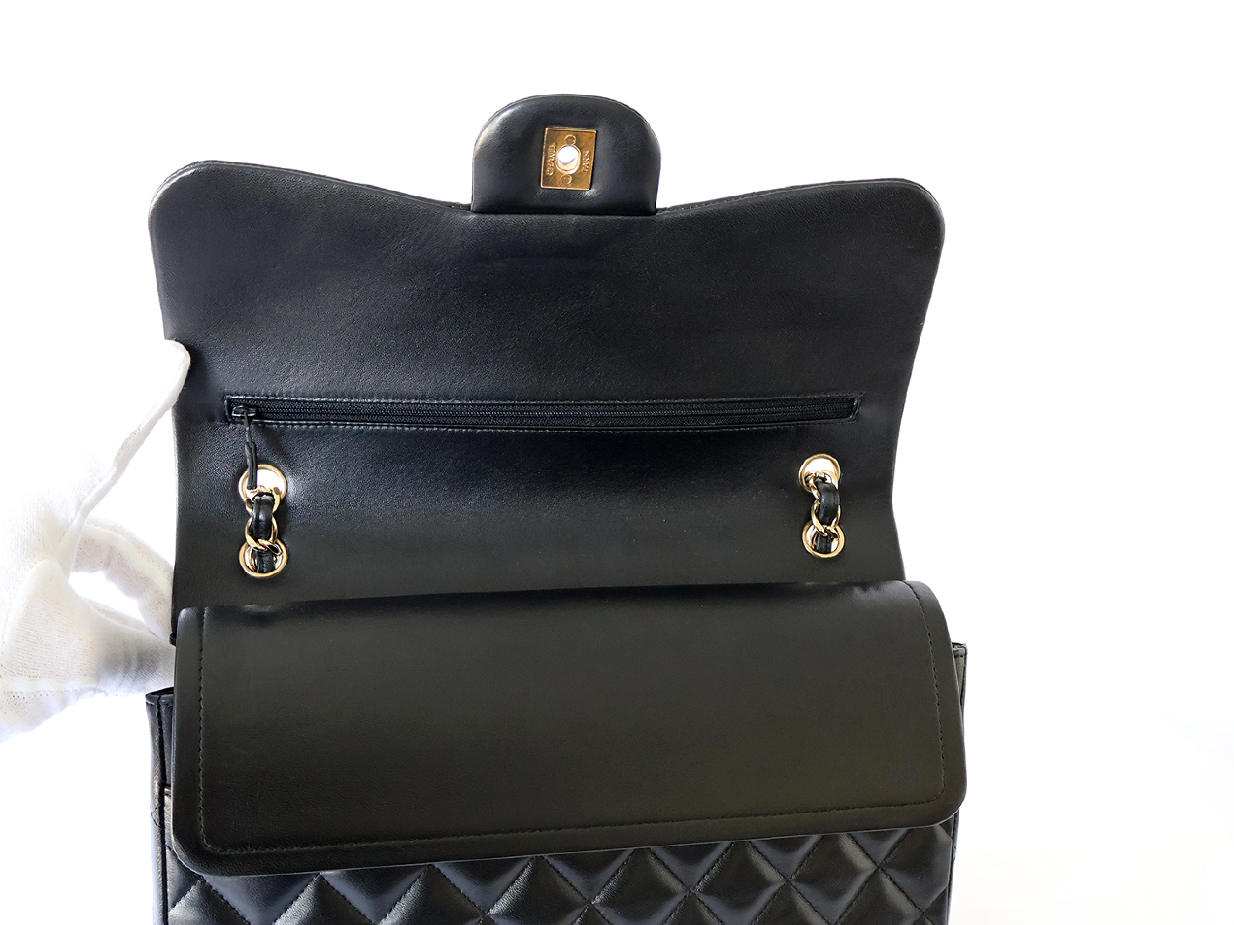 (with seal, serial number 19) Large Matelassé Lambskin Double Flap Double Chain Shoulder Bag, Black — view 10