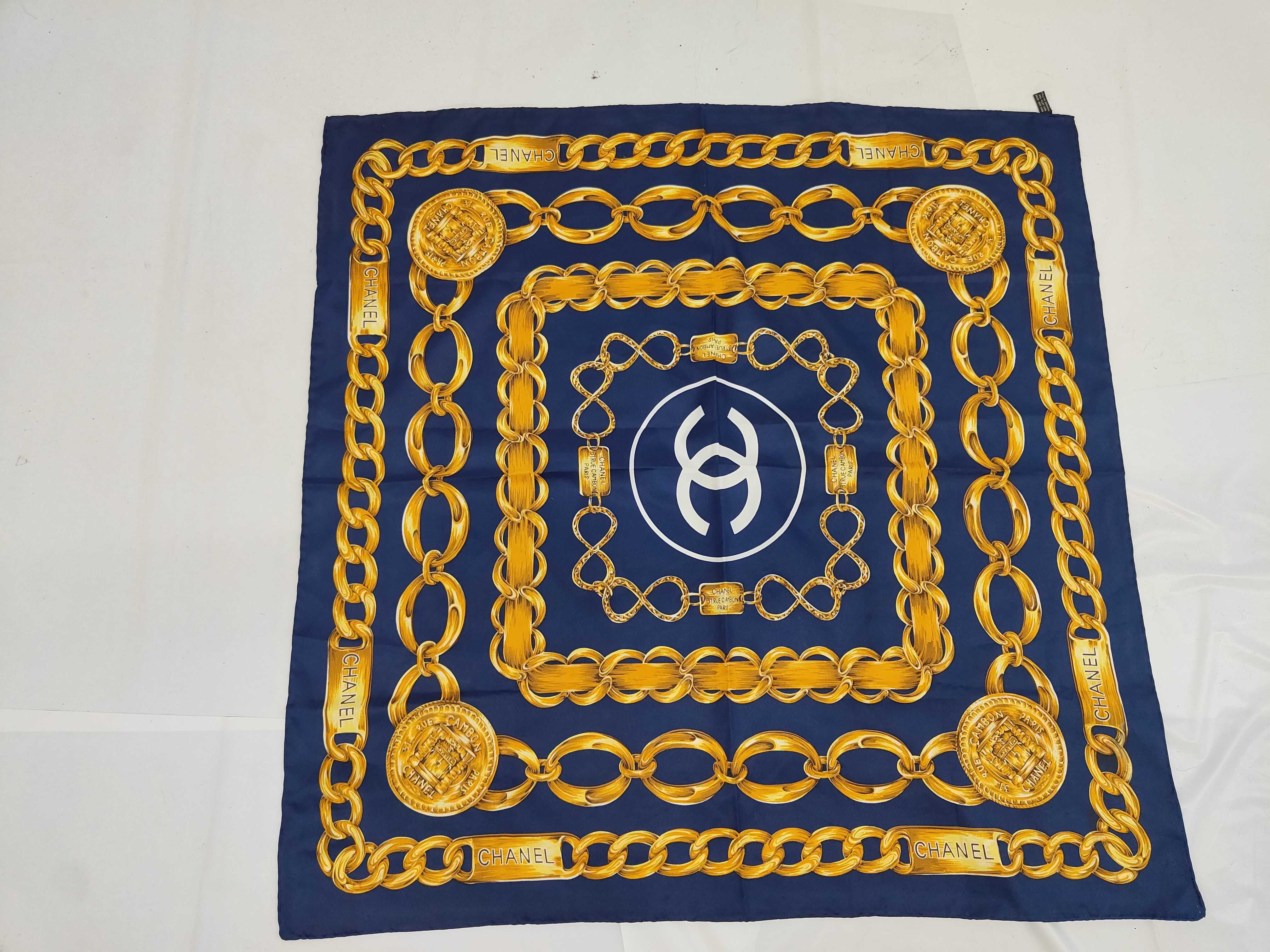 scarf, Coco Mark, chain pattern, logo, 100% silk, large size, with tag, navy, other accessories.