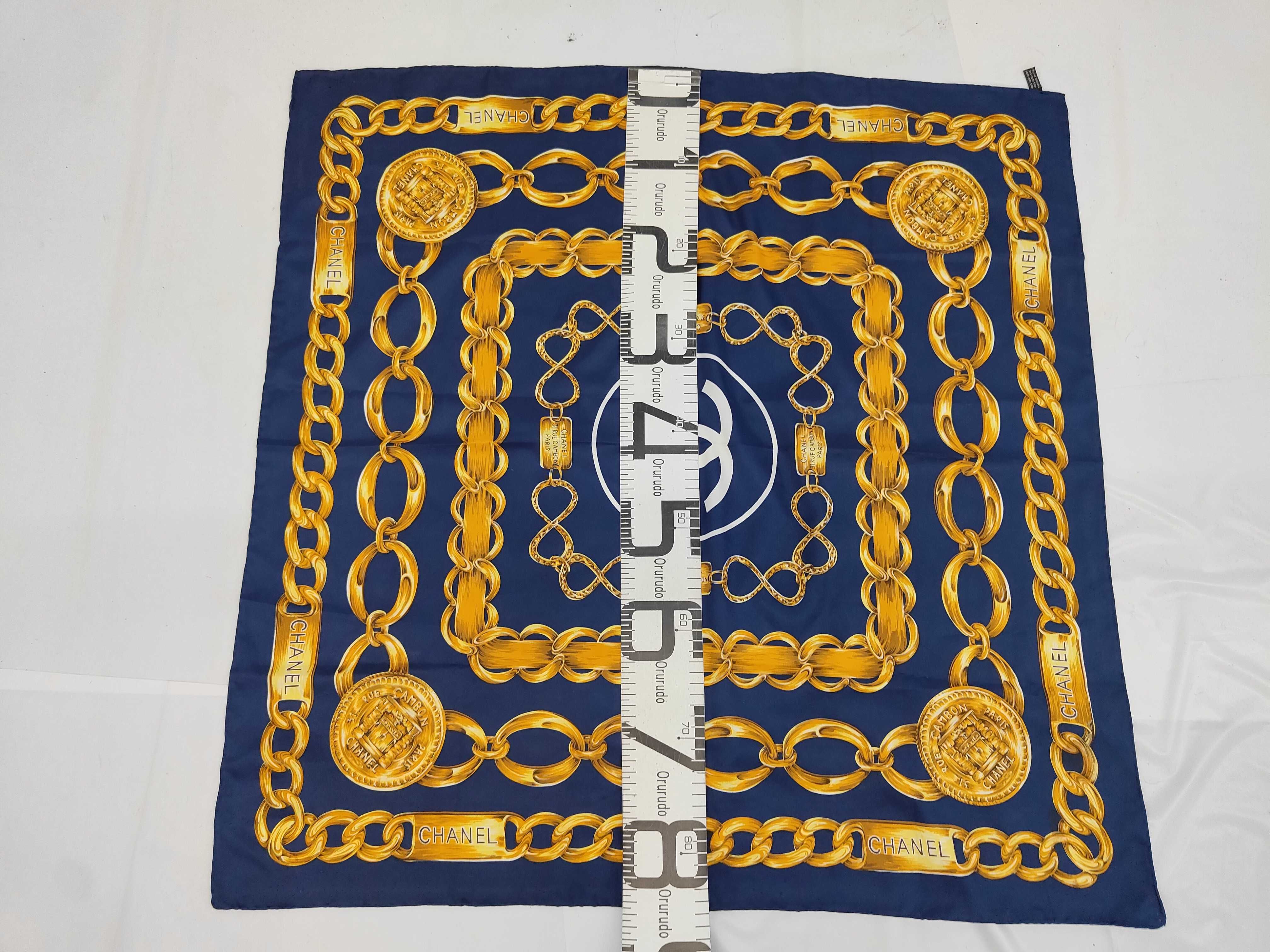 scarf, Coco Mark, chain pattern, logo, 100% silk, large size, with tag, navy, other accessories. — view 2