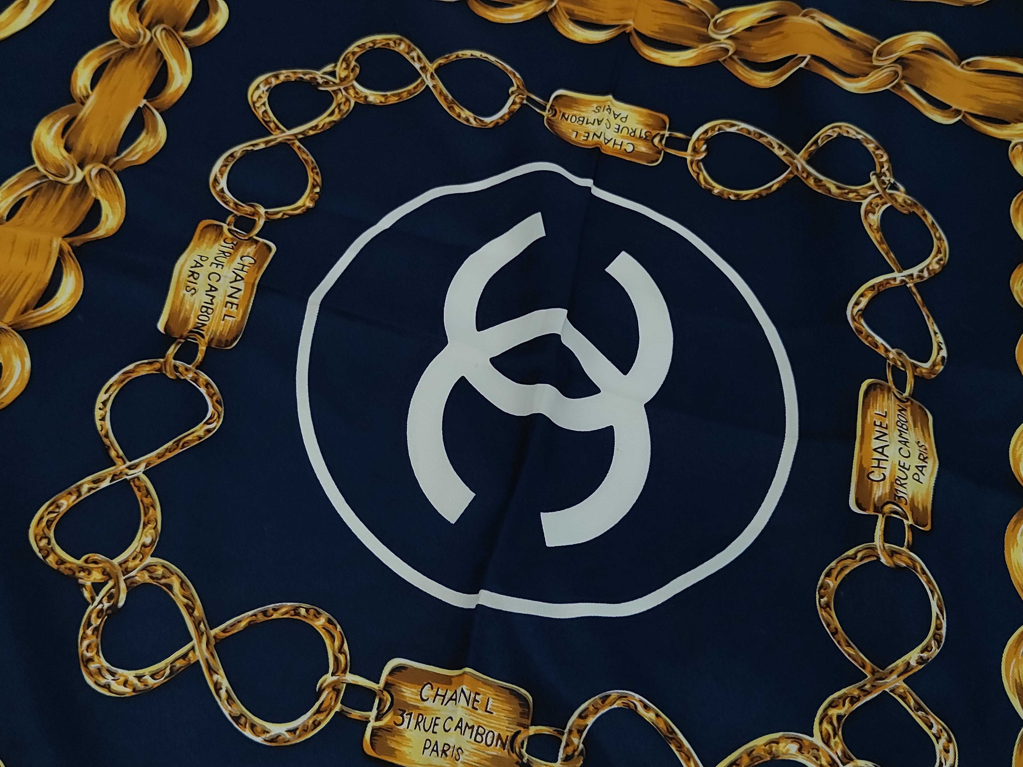 scarf, Coco Mark, chain pattern, logo, 100% silk, large size, with tag, navy, other accessories. — view 4