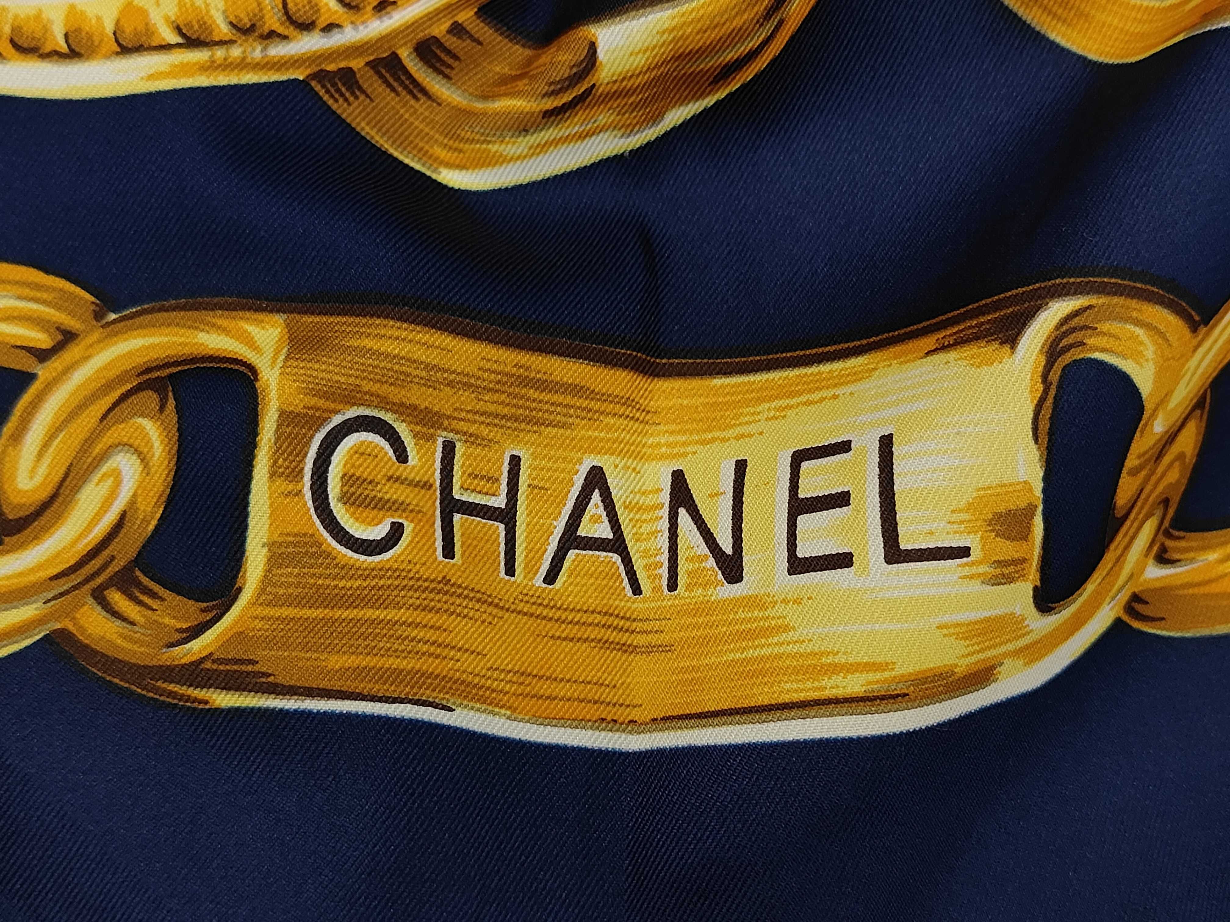 scarf, Coco Mark, chain pattern, logo, 100% silk, large size, with tag, navy, other accessories. — view 6