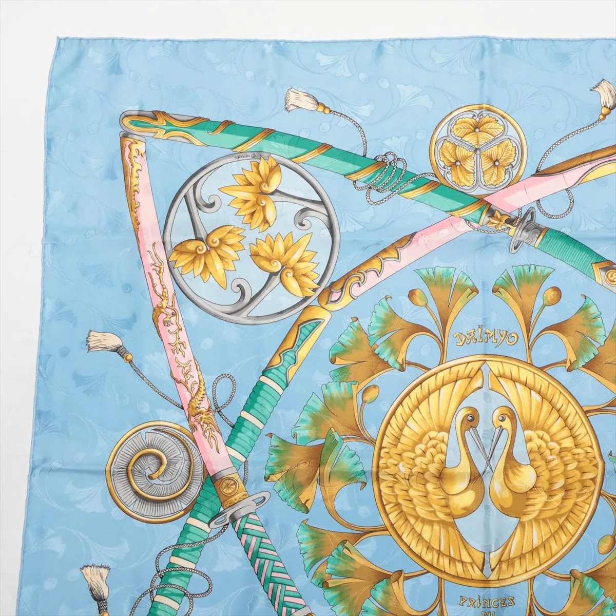 Carre 90 DAIMYO PRINCES DU SOLEIL LEVANT Daimyo Prince of the Land of the Rising Sun Scarf Silk Light Blue Thread — view 2
