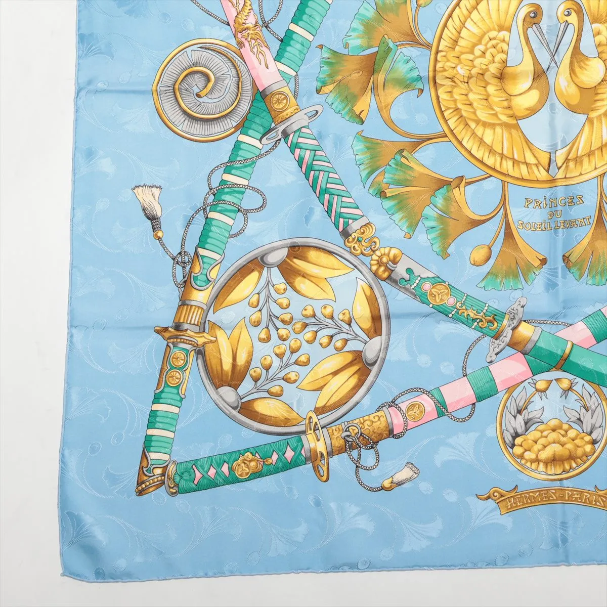 Carre 90 DAIMYO PRINCES DU SOLEIL LEVANT Daimyo Prince of the Land of the Rising Sun Scarf Silk Light Blue Thread — view 5