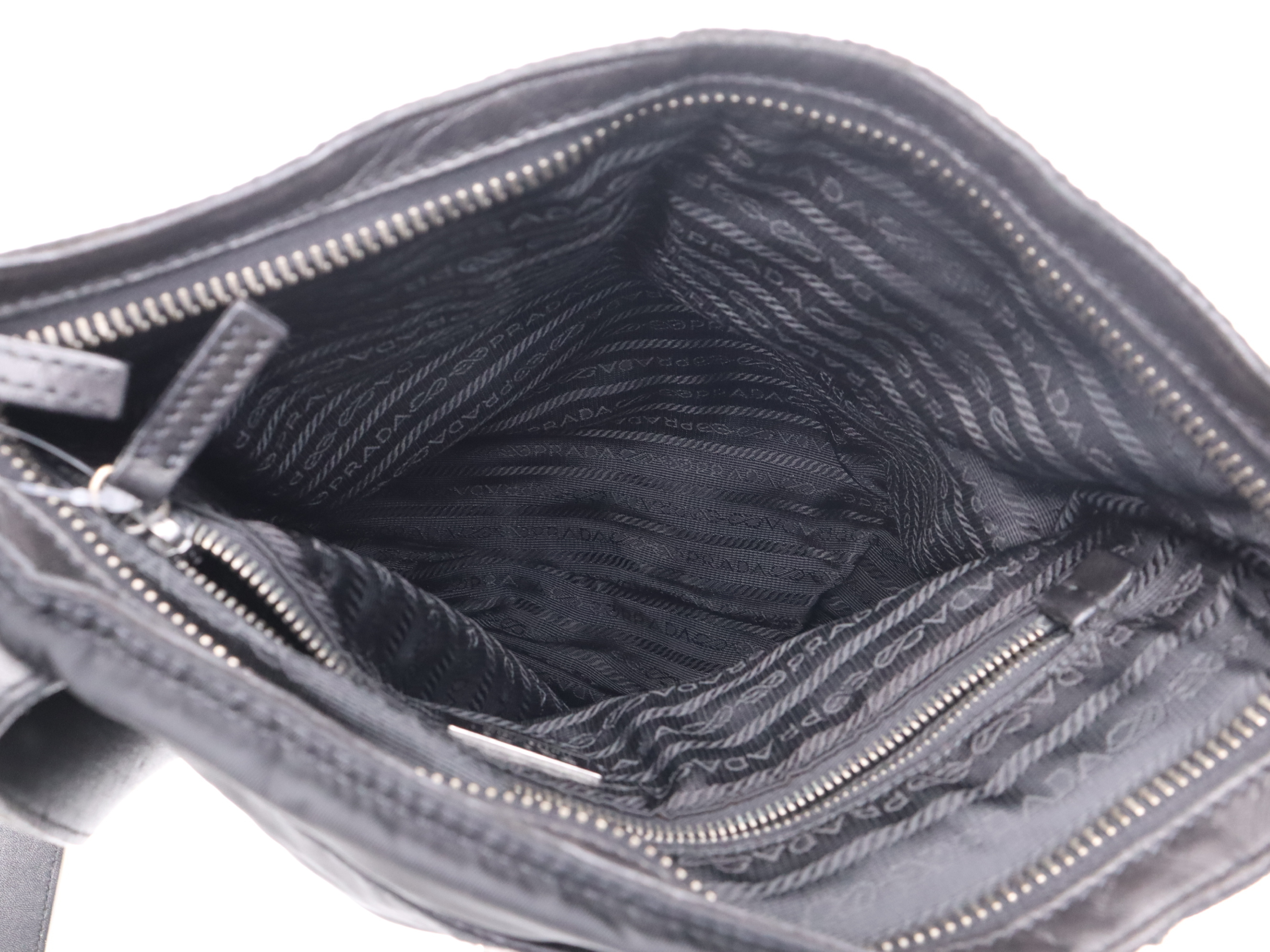 Nylon Triangle Logo Shoulder Bag, Black with Silver Hardware, Card Included. — view 11