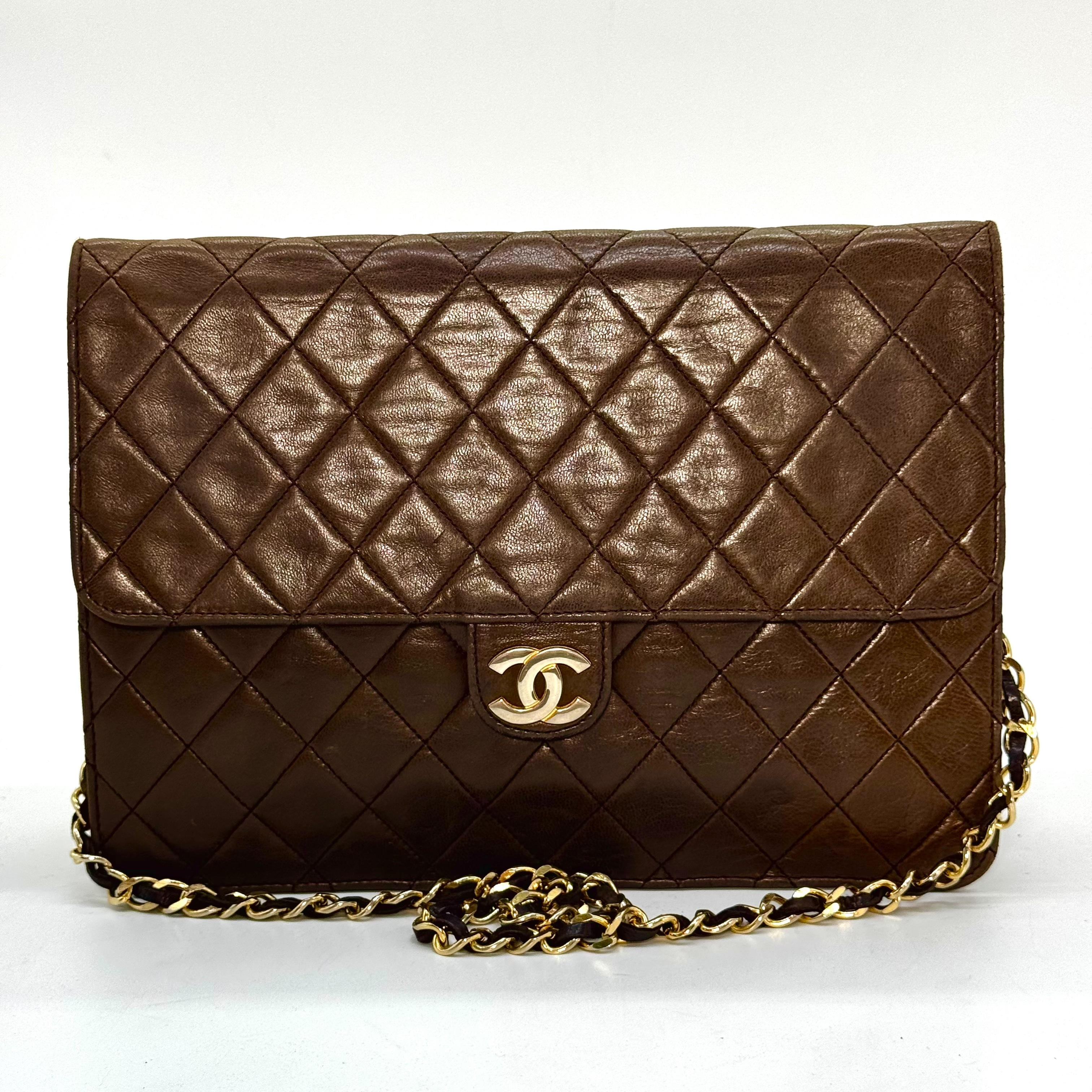Matelassé Lambskin Single Flap Chain Shoulder Bag, Brown, No Serial Number Sticker.