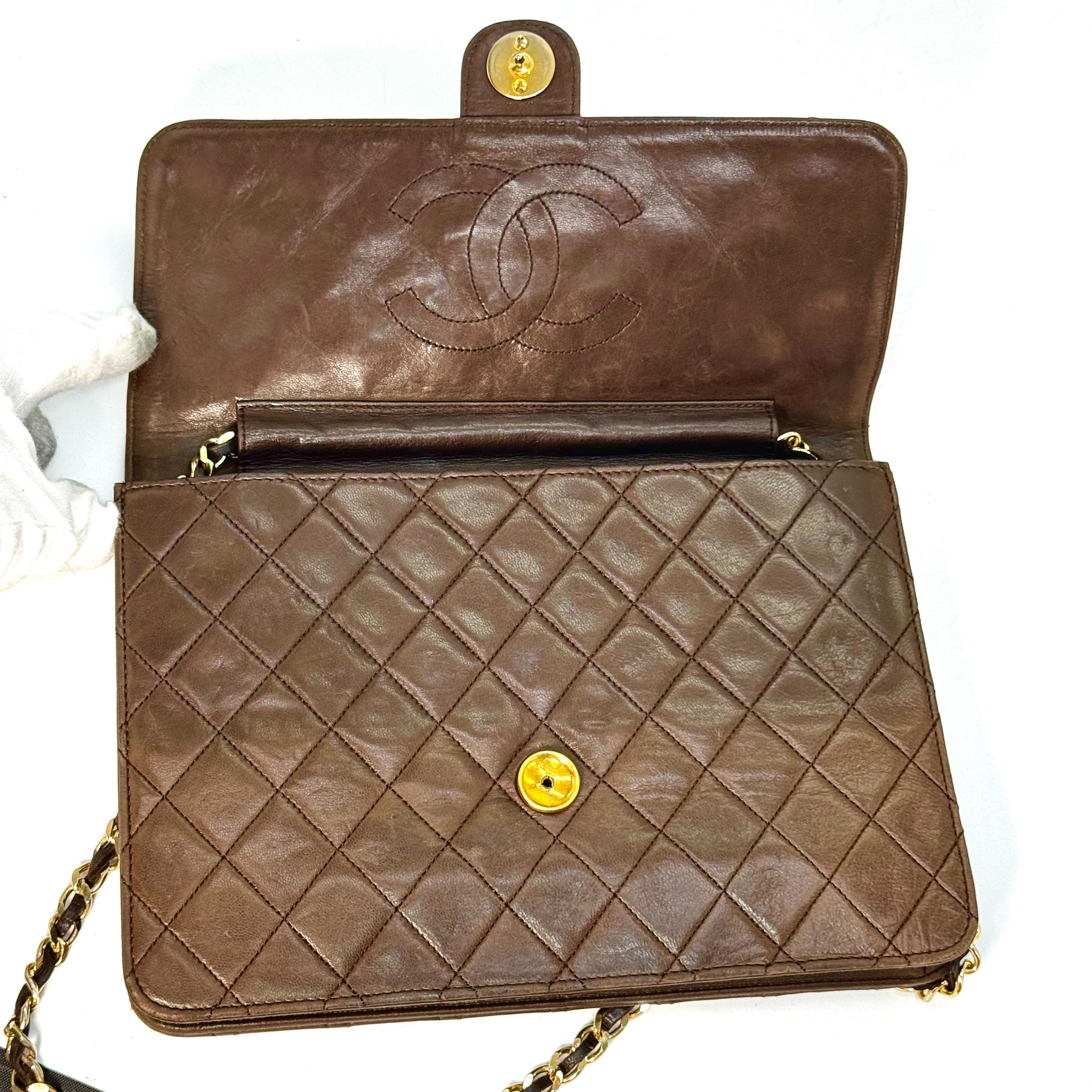 Matelassé Lambskin Single Flap Chain Shoulder Bag, Brown, No Serial Number Sticker. — view 3