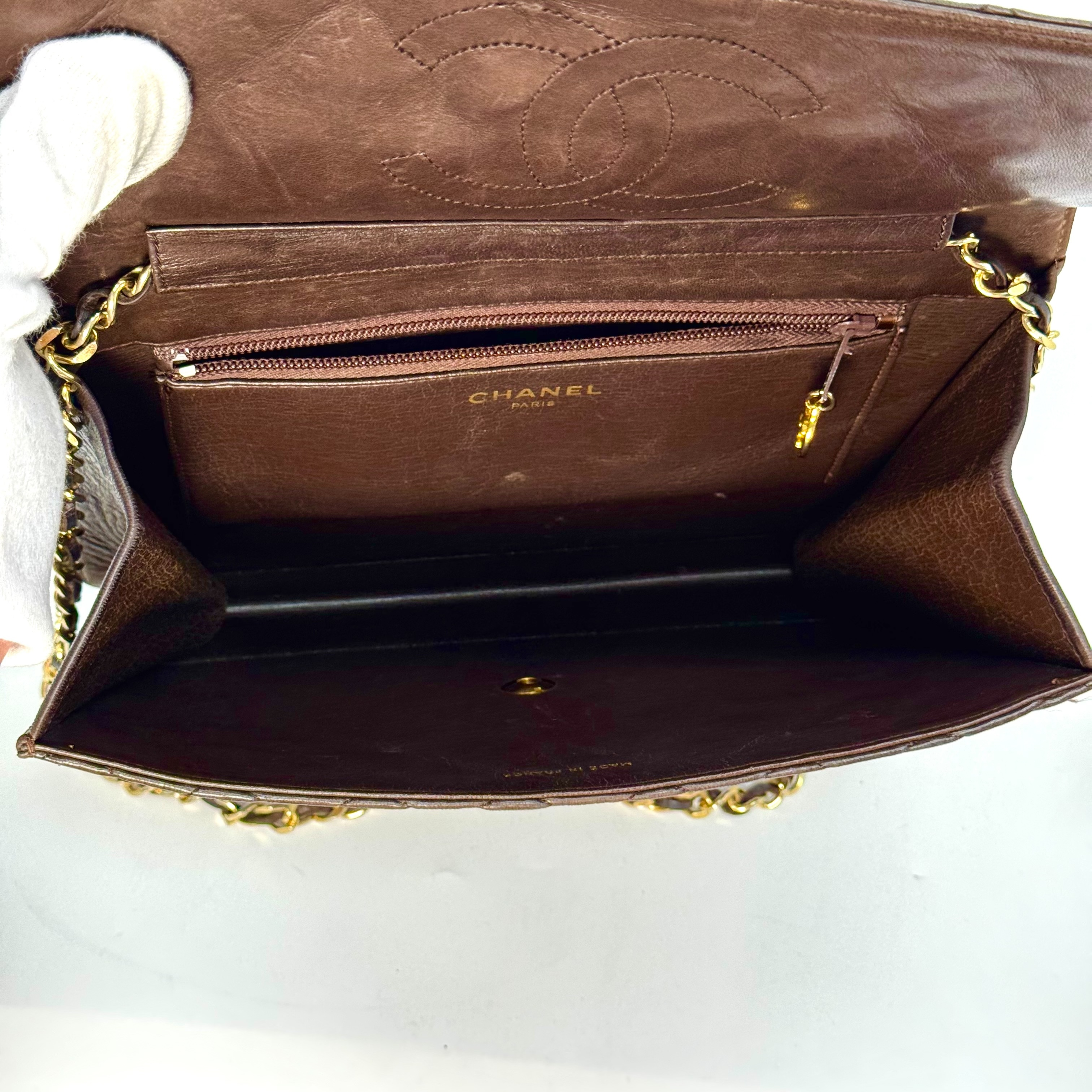 Matelassé Lambskin Single Flap Chain Shoulder Bag, Brown, No Serial Number Sticker. — view 4