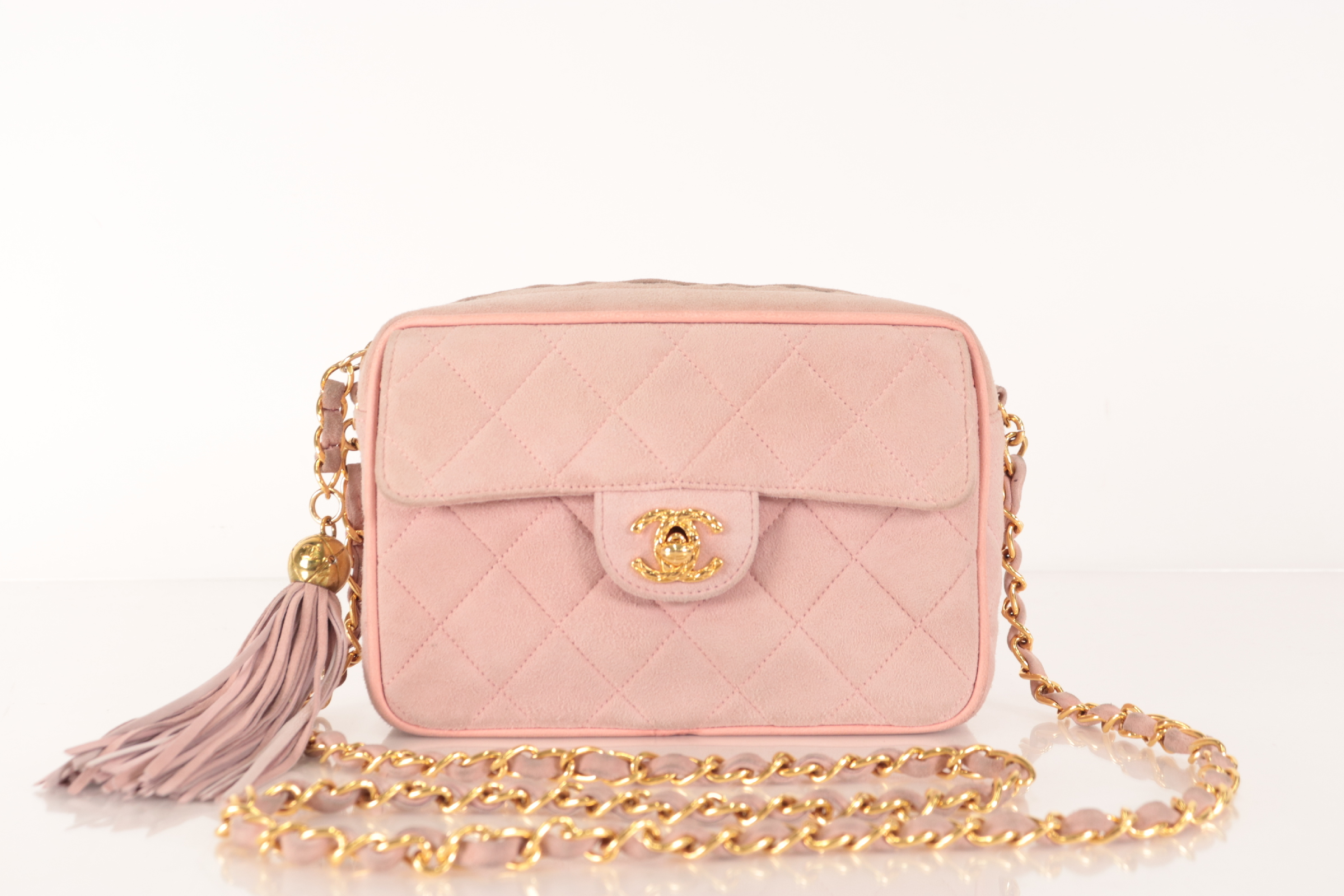 Matelassé Suede Fringe Chain Shoulder Bag, Pink