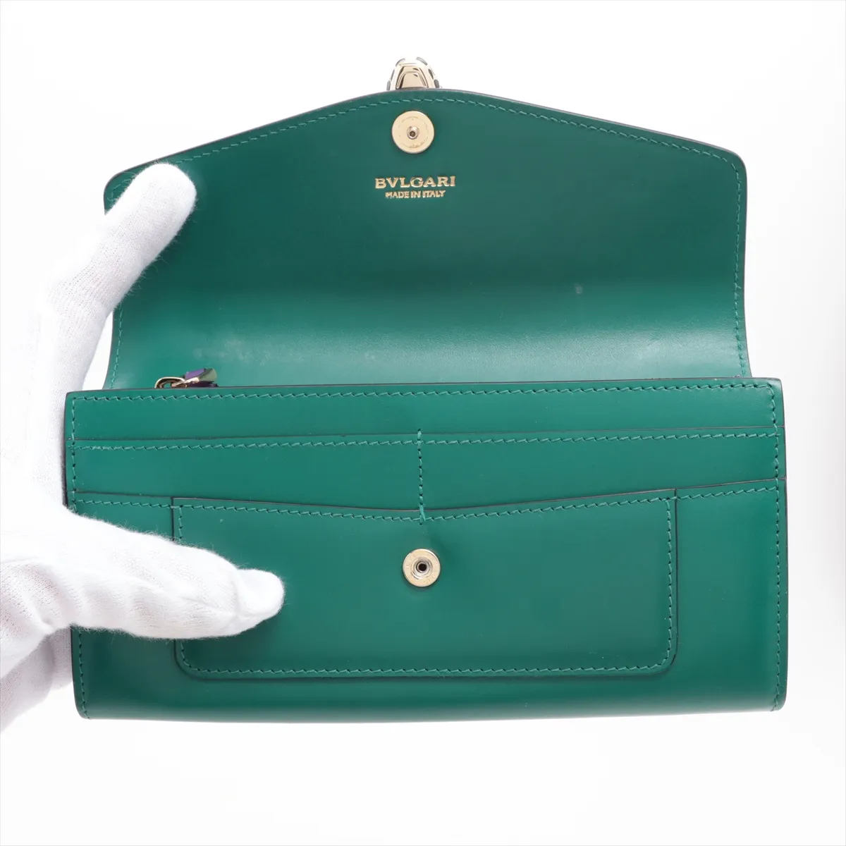 Serpenti Leather Long Wallet Green — view 3