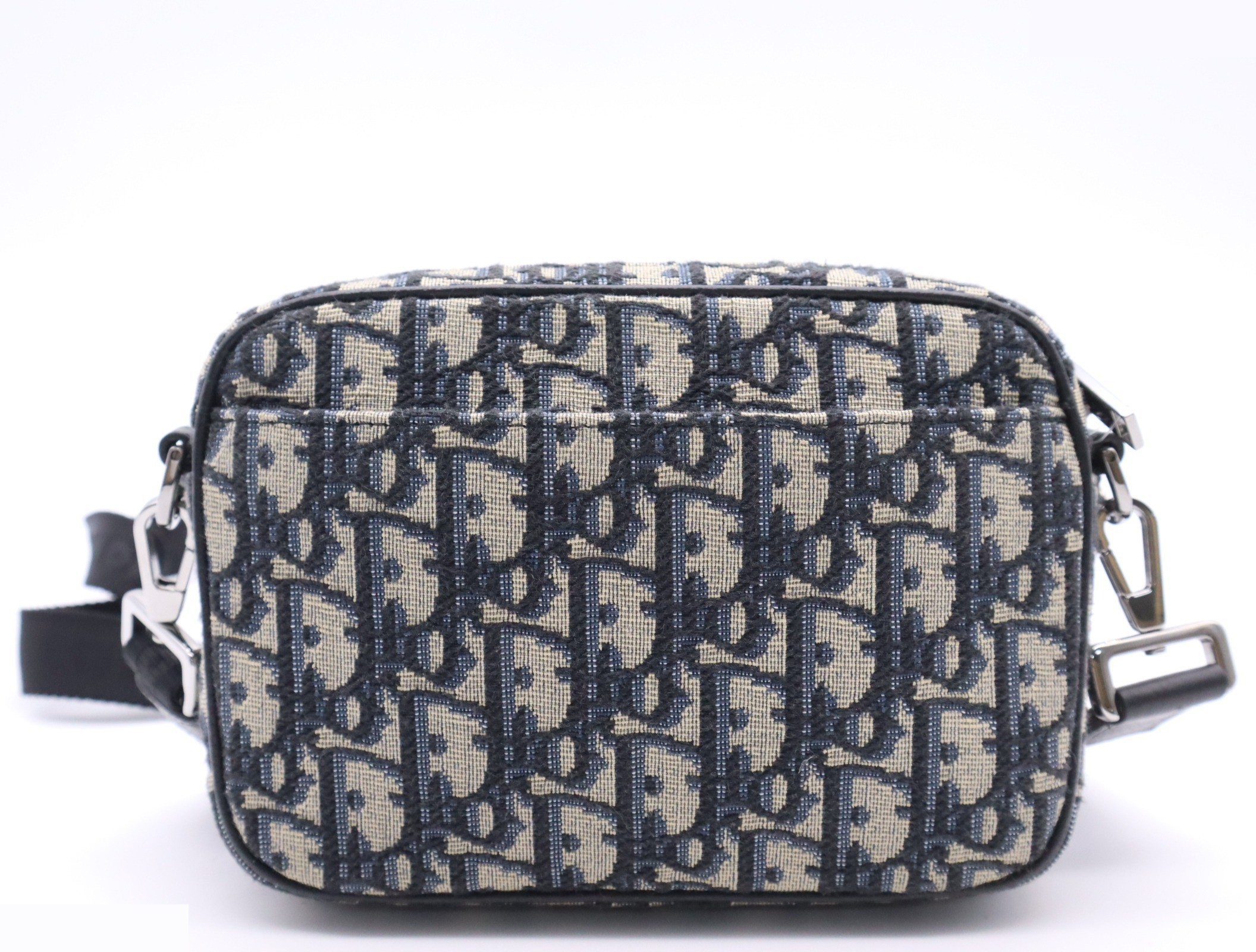 Leather oblique jacquard shoulder bag, navy, silver hardware. — view 2