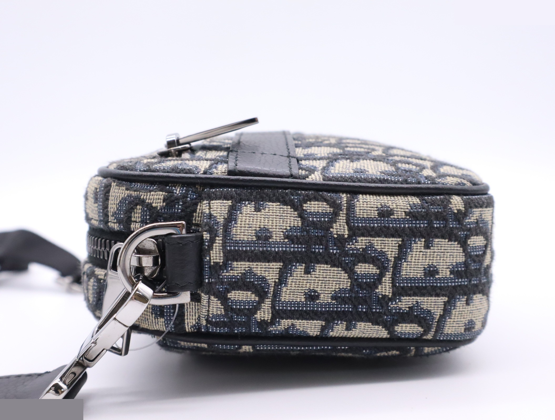 Leather oblique jacquard shoulder bag, navy, silver hardware. — view 3