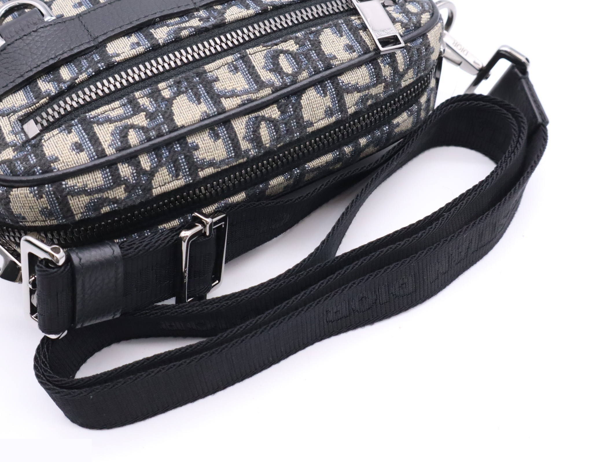 Leather oblique jacquard shoulder bag, navy, silver hardware. — view 6