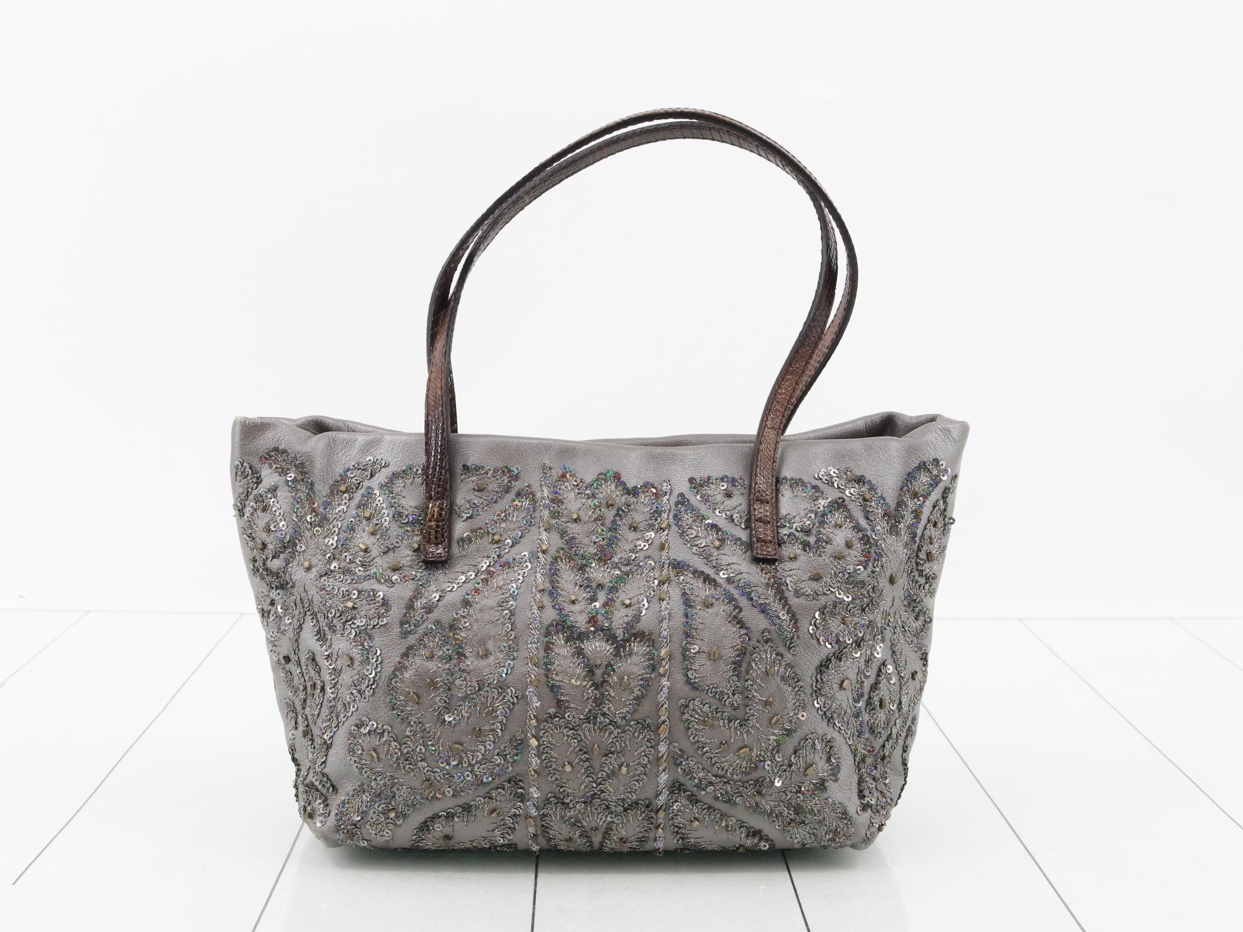 Leather, sequin, and beaded semi-shoulder bag