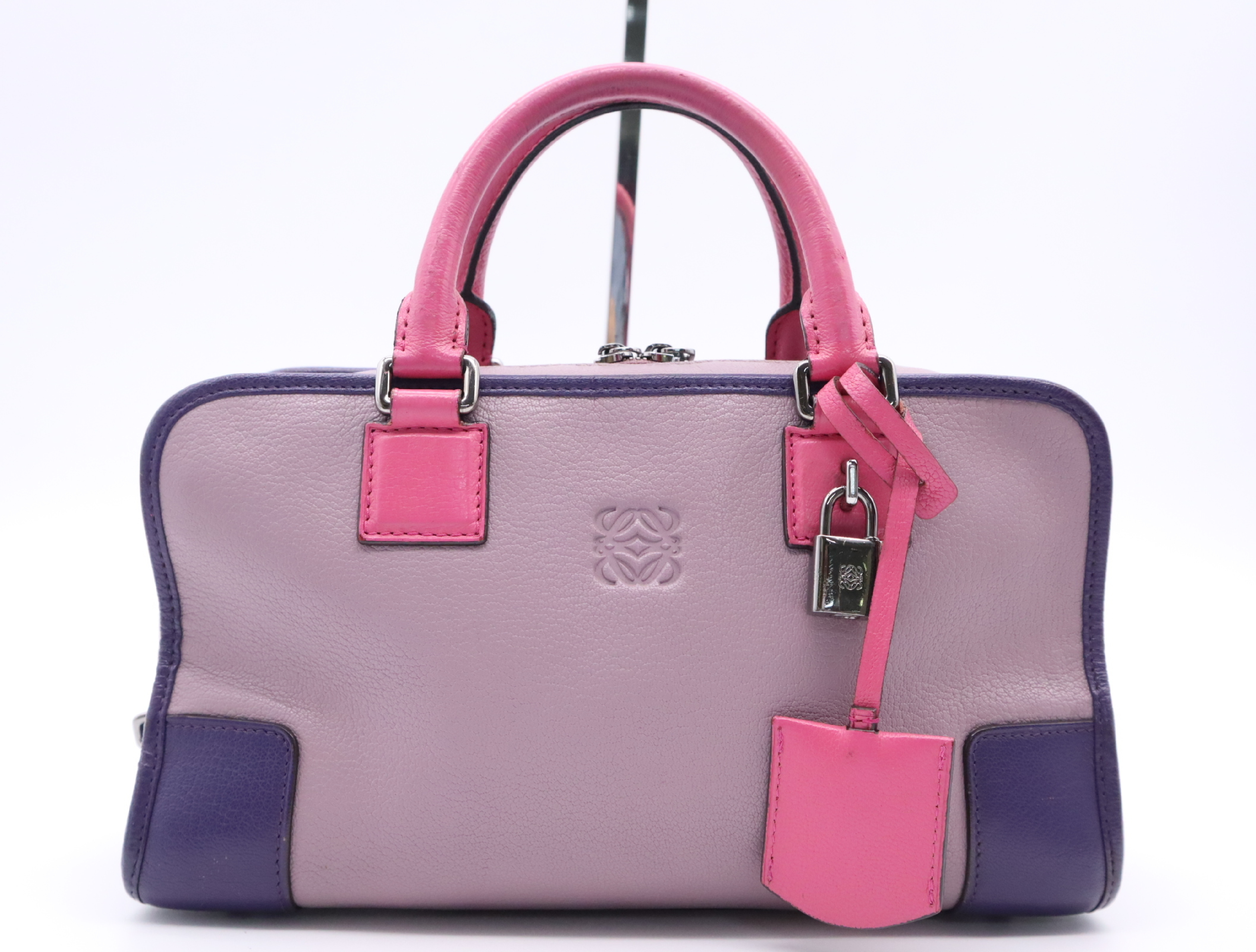 61301 Leather Amazona Purple Handbag with Silver Hardware, Padlock, 2 Keys, and Clochette