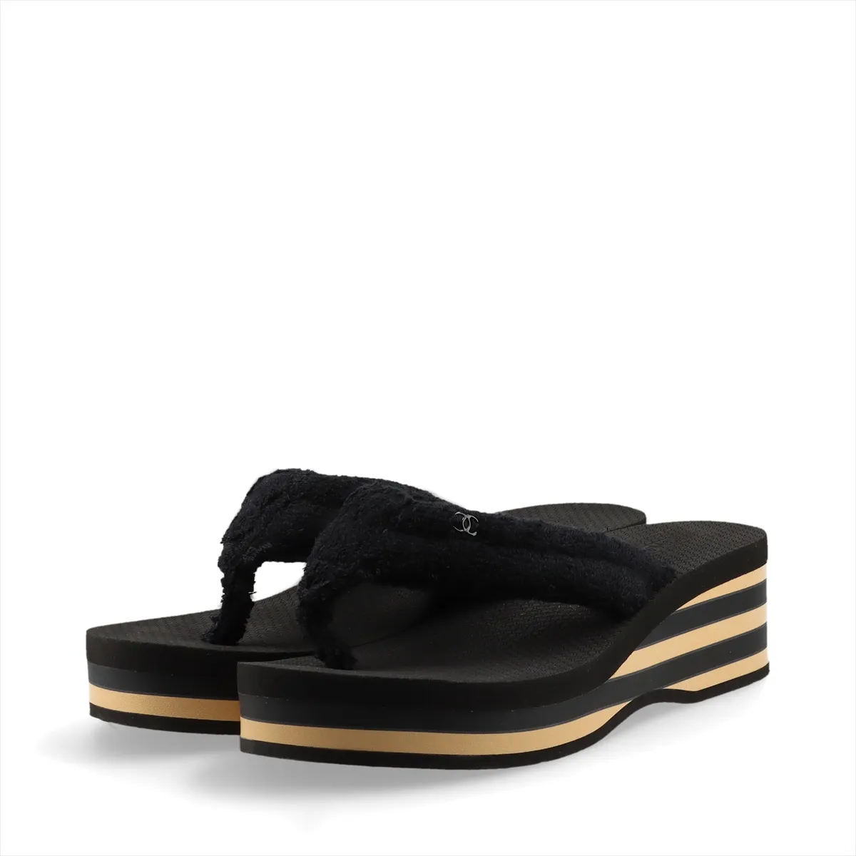 Coco Mark 26SS Fabric Beach Sandals 37C Women's Black x Beige G46202 Terry Cloth Striped Platform — view 5