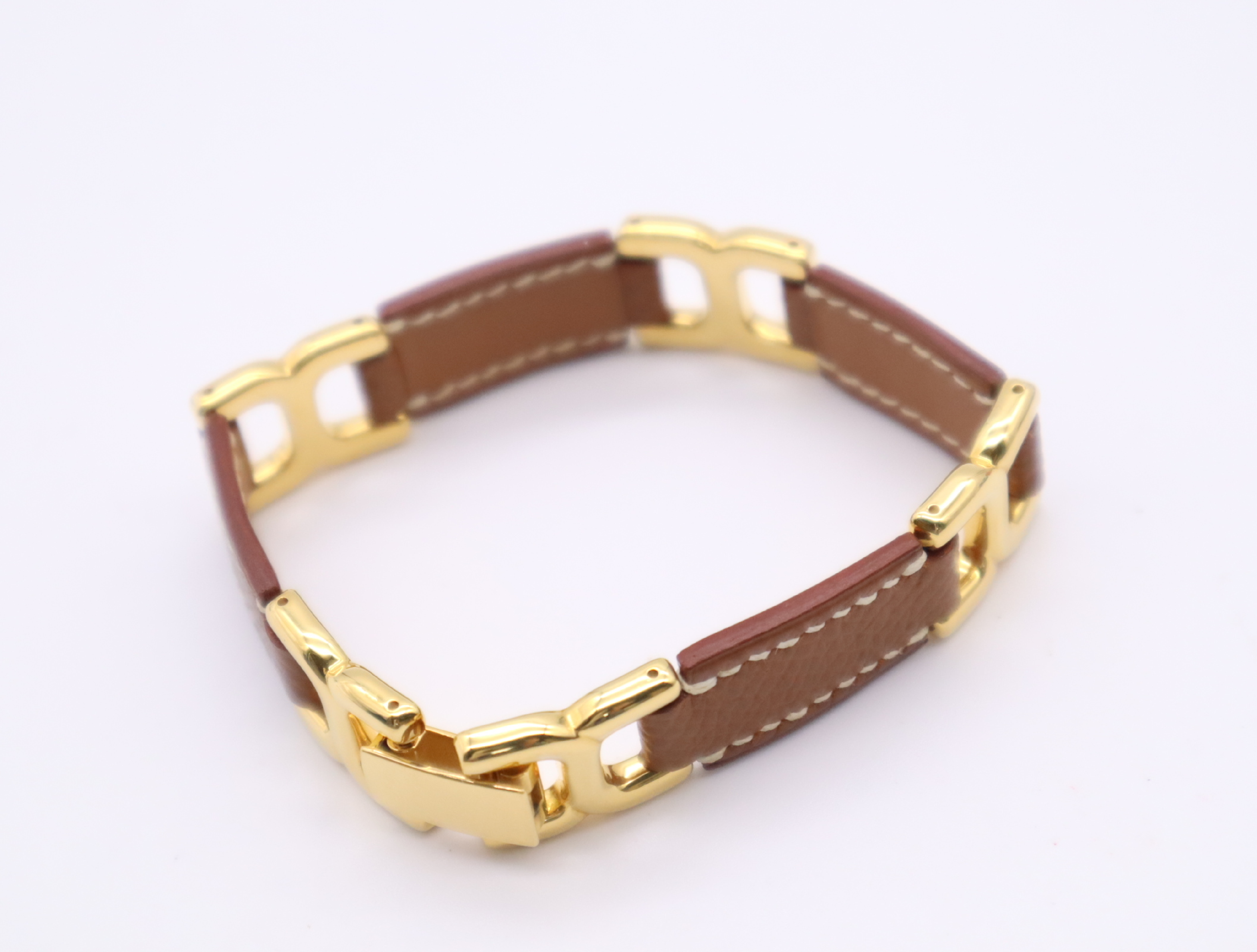 Leather/GP H-motif Bracelet with Dust Bag and Box (Bracelet/Bangle) — view 3