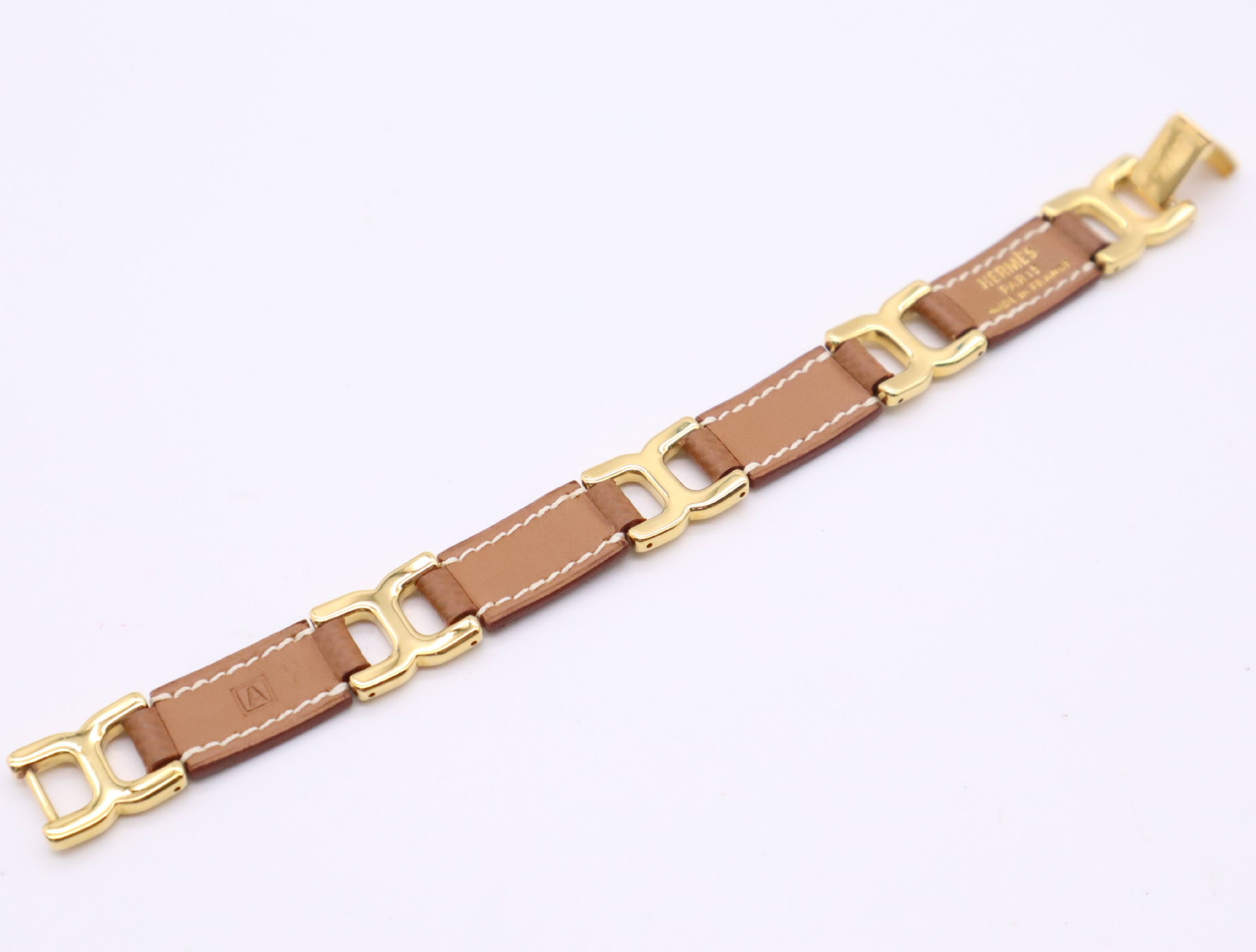 Leather/GP H-motif Bracelet with Dust Bag and Box (Bracelet/Bangle) — view 5