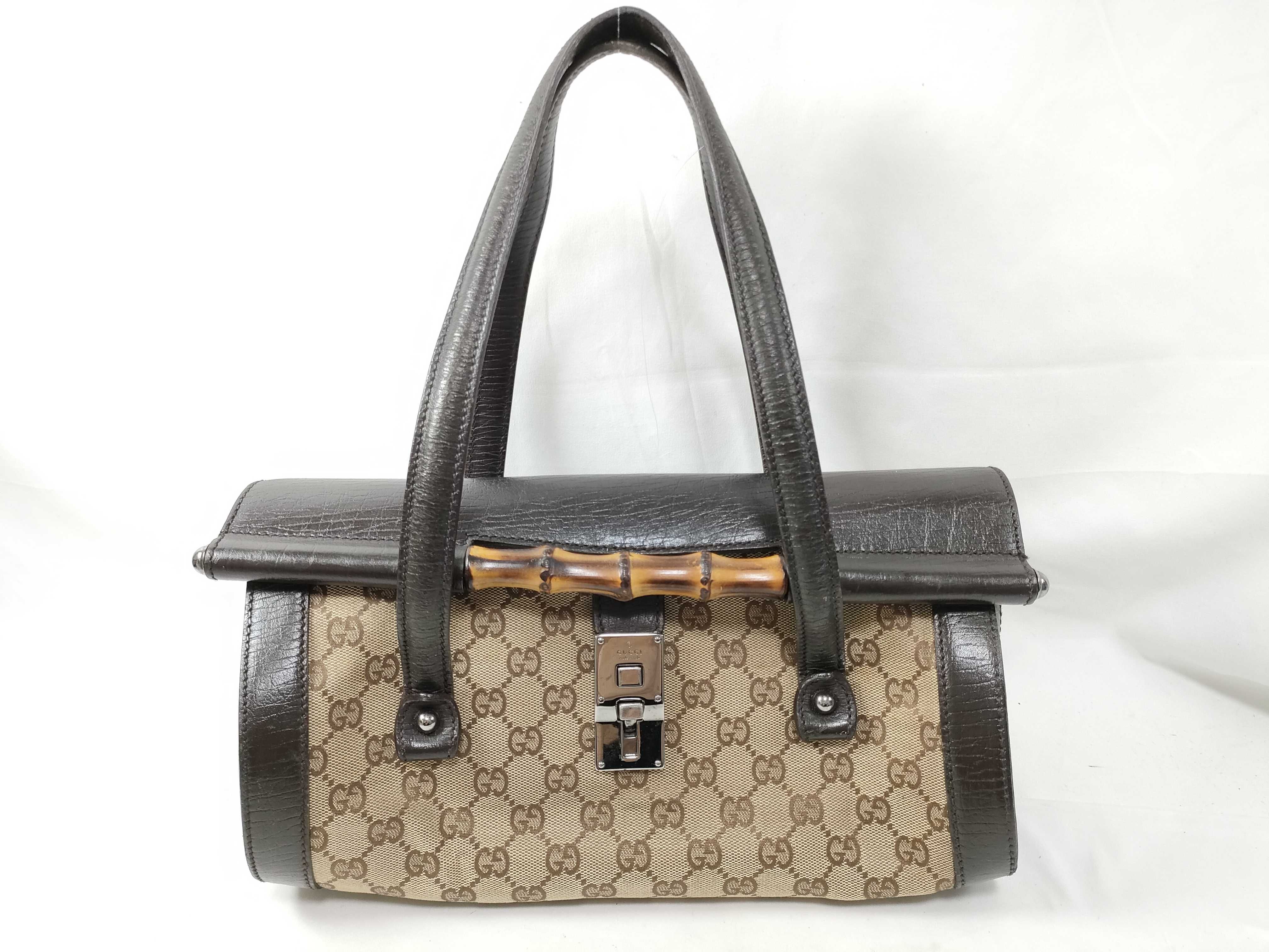 Brown Canvas GG Monogram Bamboo Cylinder Shoulder Bag (Handbag)