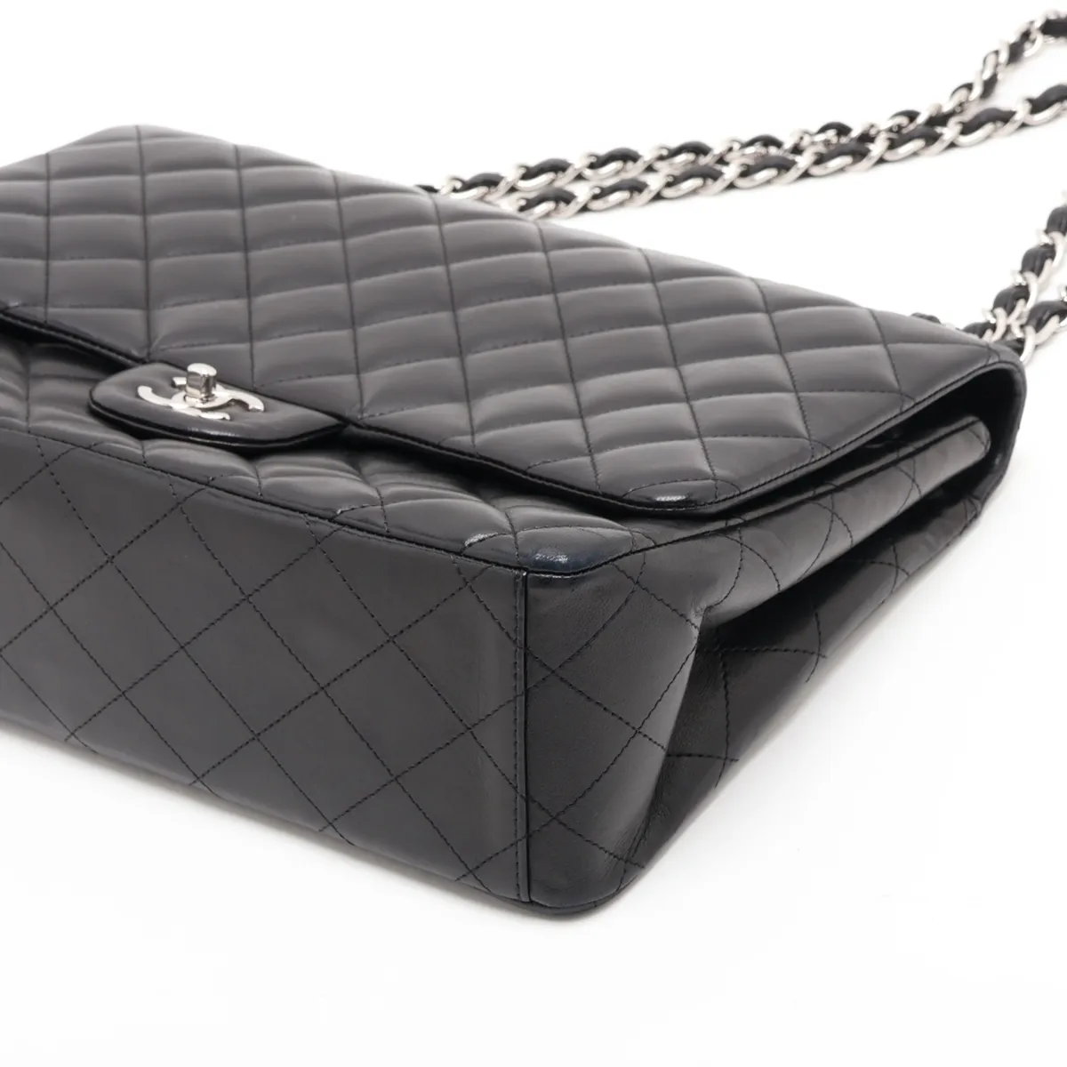 [Individually packaged] Chanel Large Matelassé 34 Maxi Lambskin Single Flap Double Chain Bag, Black with Silver Hardware, 13272034, Serial Number 13, A58601 — view 3
