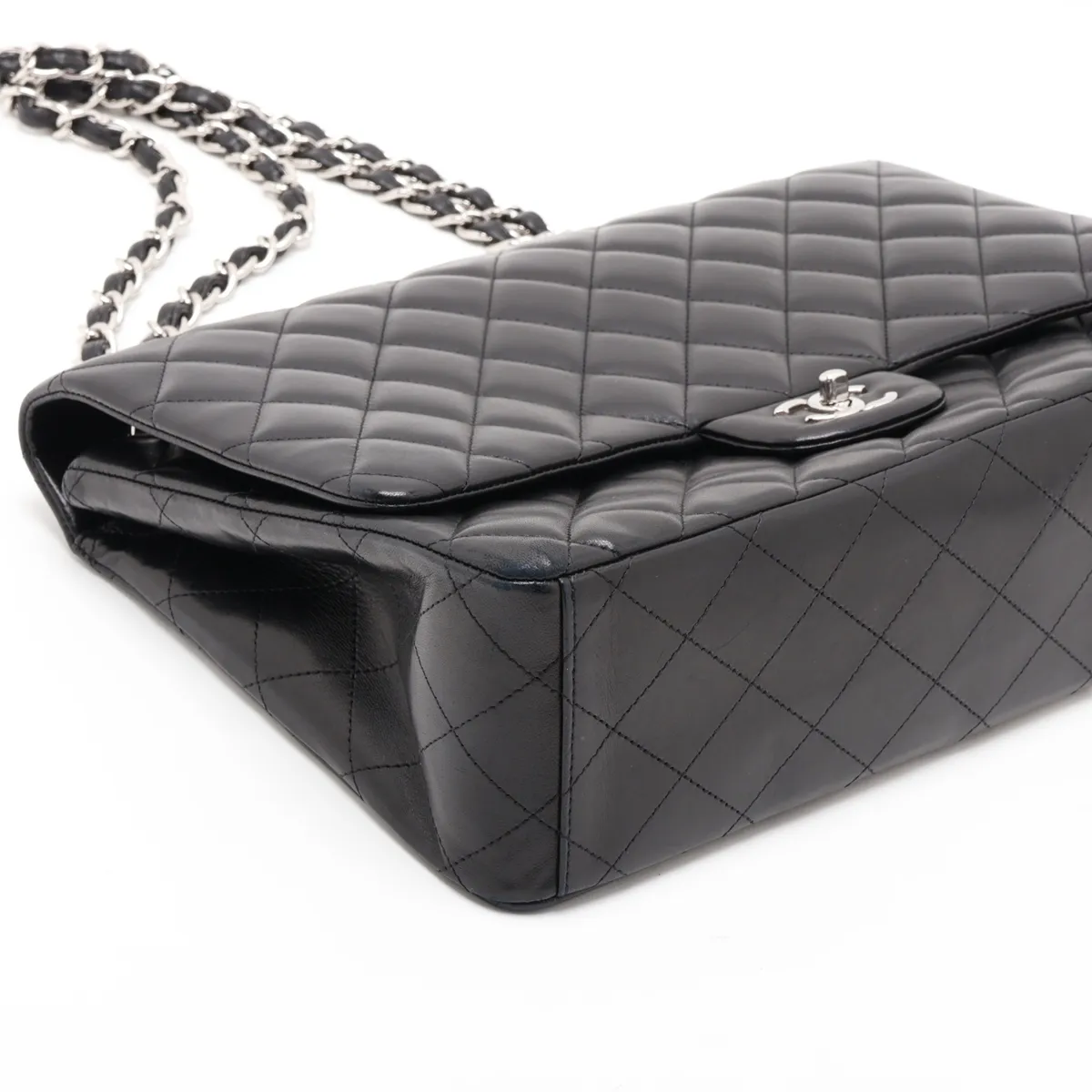 [Individually packaged] Chanel Large Matelassé 34 Maxi Lambskin Single Flap Double Chain Bag, Black with Silver Hardware, 13272034, Serial Number 13, A58601 — view 4