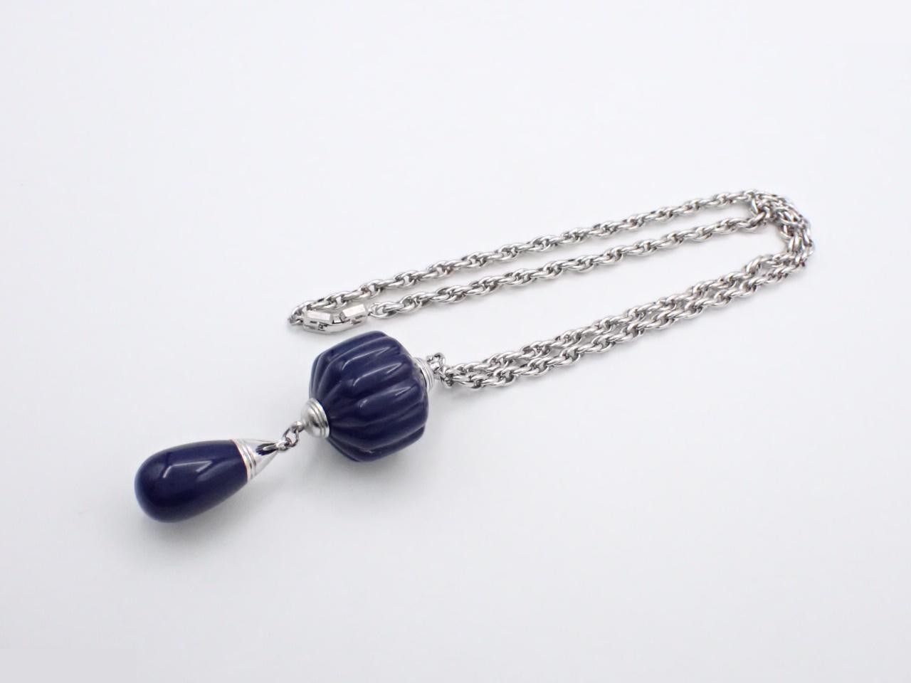 Spherical teardrop motif long necklace, silver-colored (navy), 82.9g, with case. — view 3
