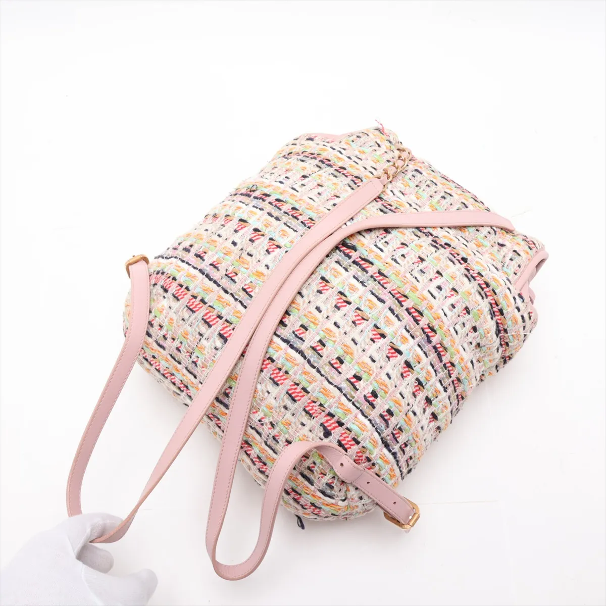 Matelassé Tweed x Leather Chain Backpack, Pink with Gold Hardware, Item No. 23836234 (Serial Number 23) — view 5