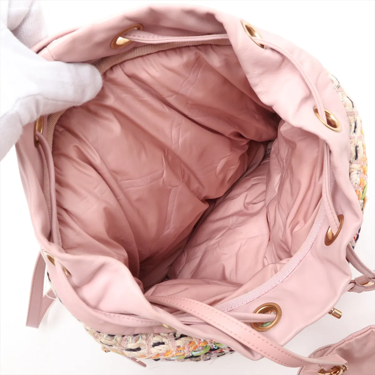 Matelassé Tweed x Leather Chain Backpack, Pink with Gold Hardware, Item No. 23836234 (Serial Number 23) — view 7