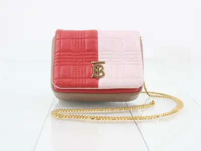 Leather chain pouch, red/pink, gold hardware.