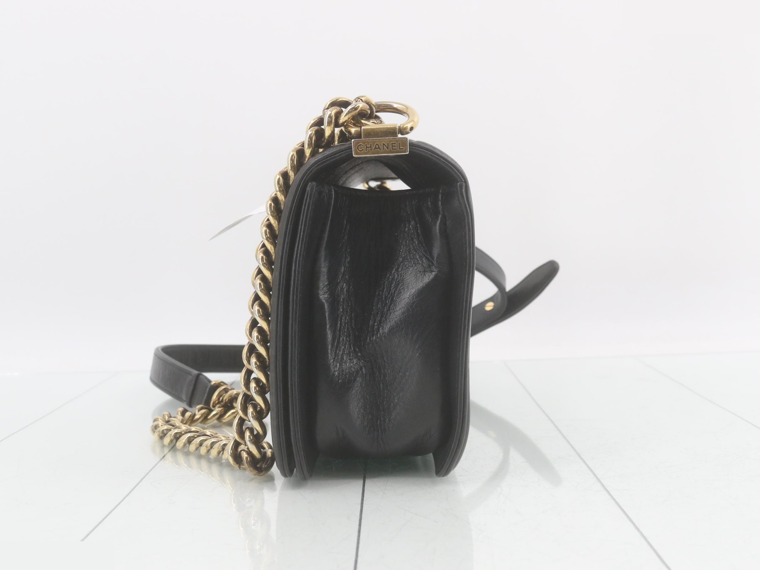 Boy Chanel Leather Chain Shoulder Bag, Black — view 3