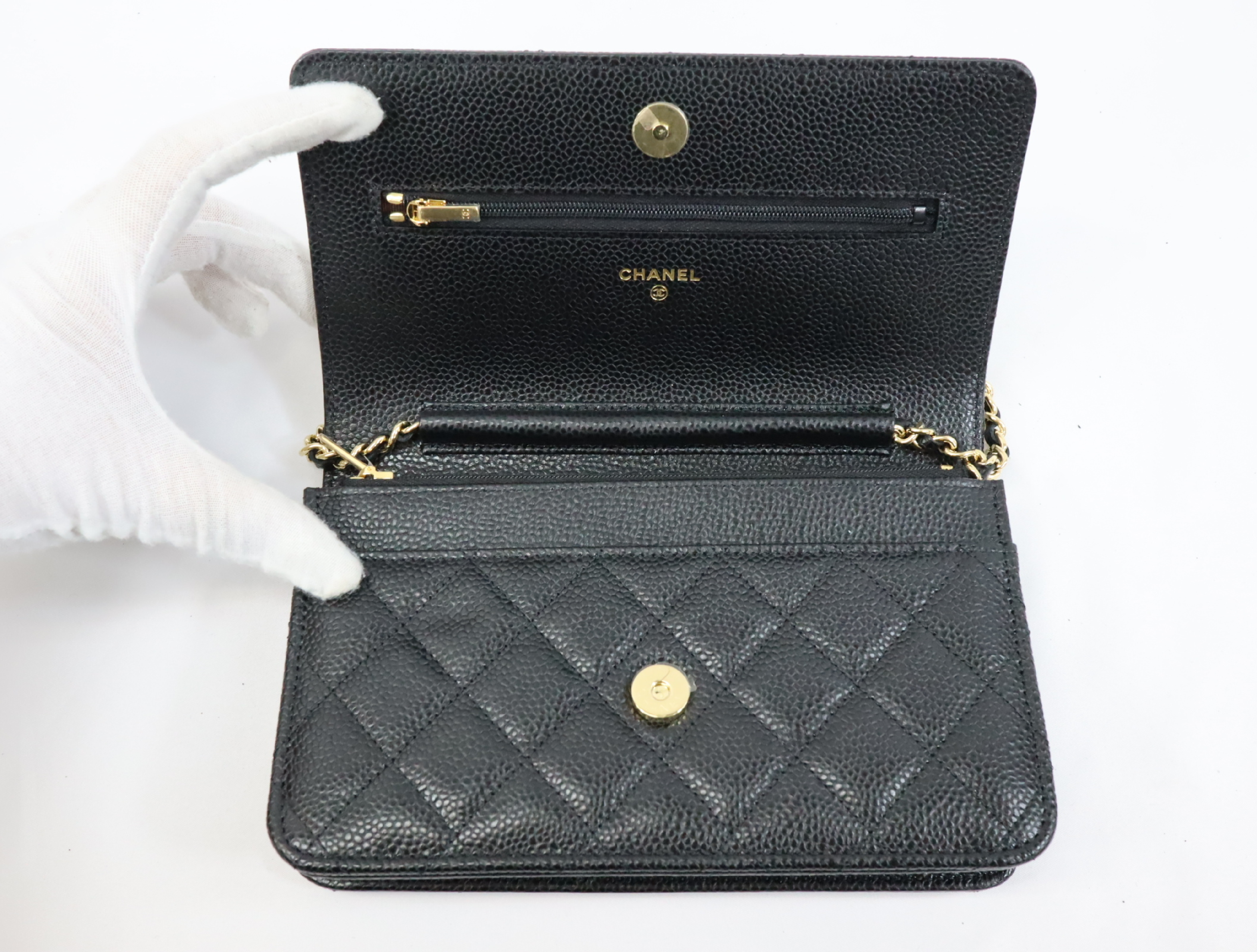 Matelassé Caviar Skin Chain Wallet, Black with Gold Hardware, Random Plate Design, AP0250 Shoulder Bag — view 12