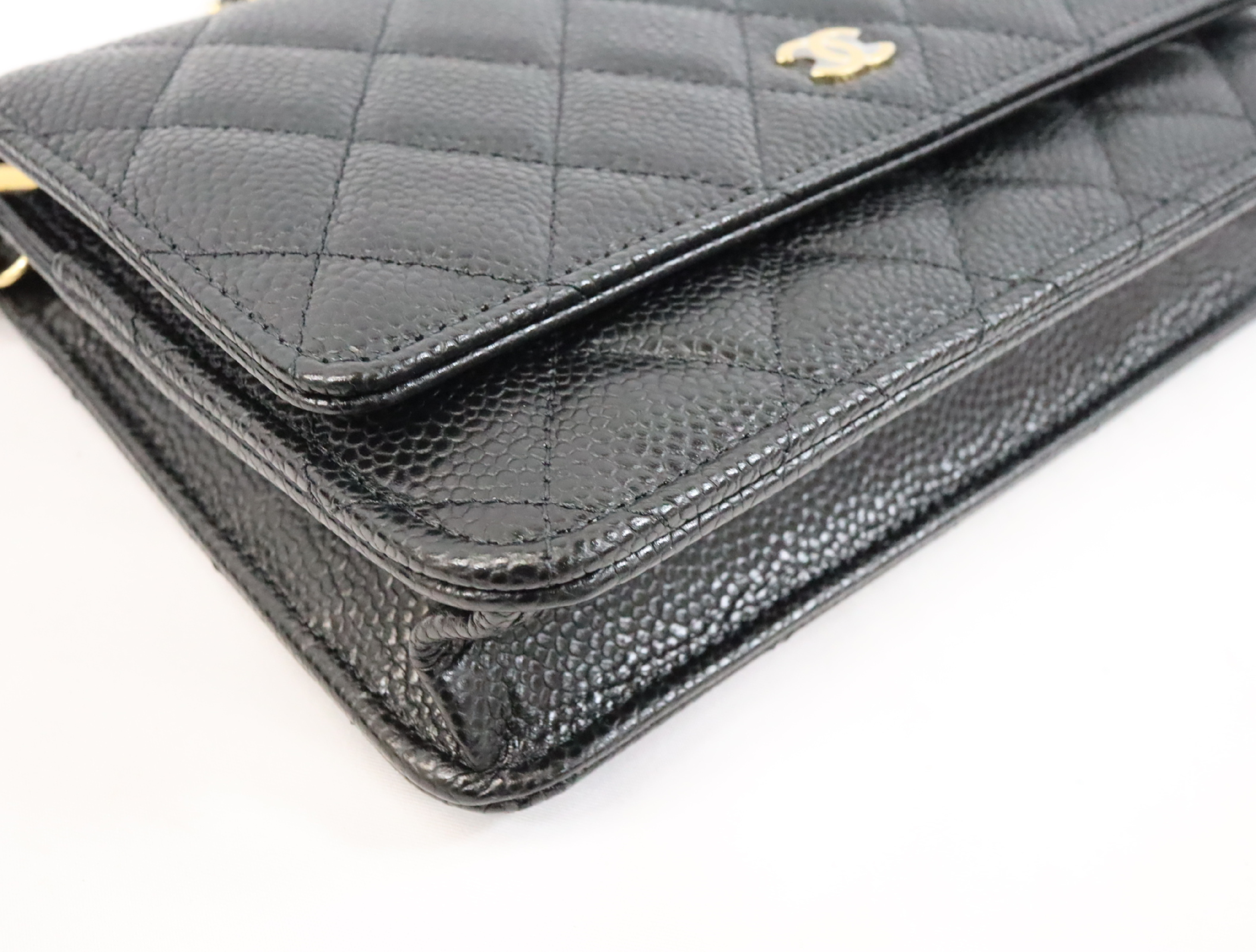 Matelassé Caviar Skin Chain Wallet, Black with Gold Hardware, Random Plate Design, AP0250 Shoulder Bag — view 7