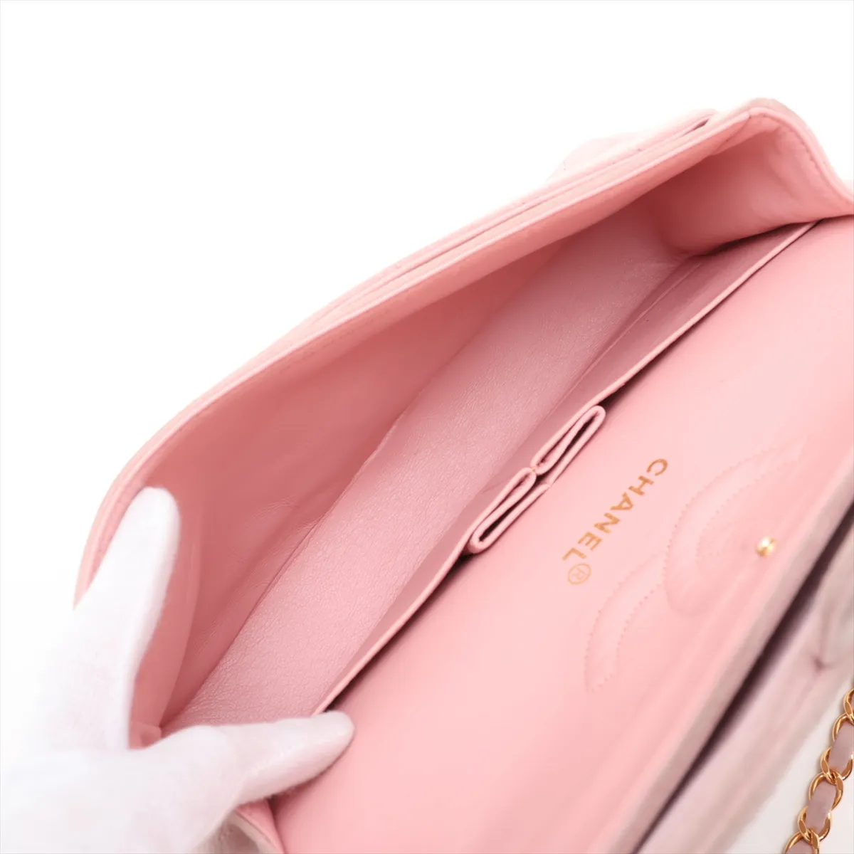 Matelassé 25 Suede Double Flap Double Chain Bag, Pink with Gold Hardware, 2853939, Series 2, A01112 — view 7