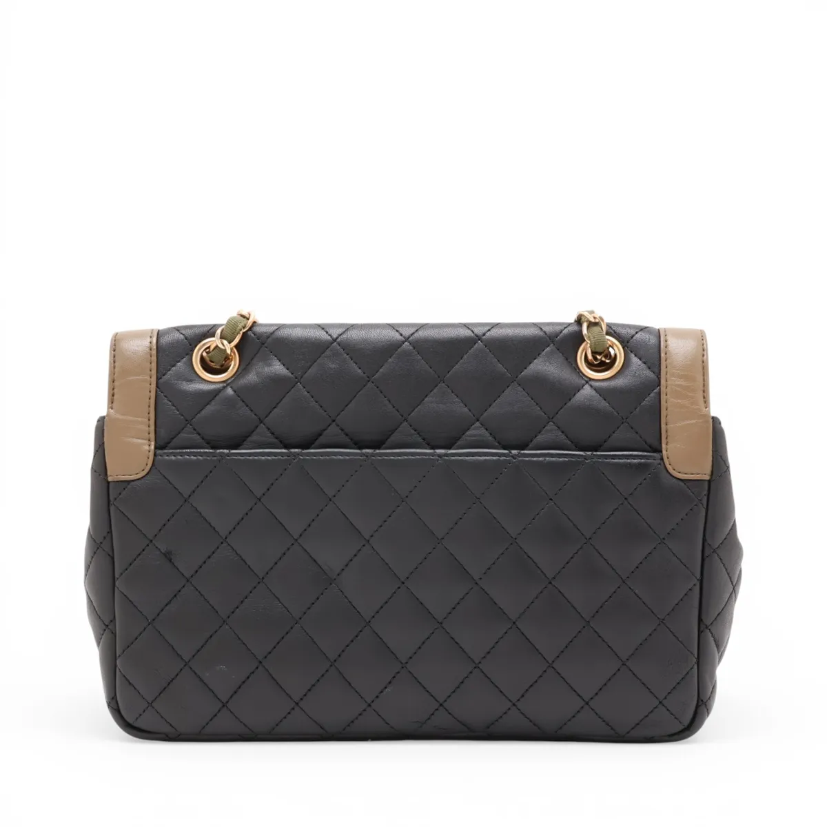 Matelassé Lambskin Single Flap Double Chain Bag, Black x Khaki, Gold Hardware, 23797777, Serial Number 23 — view 2