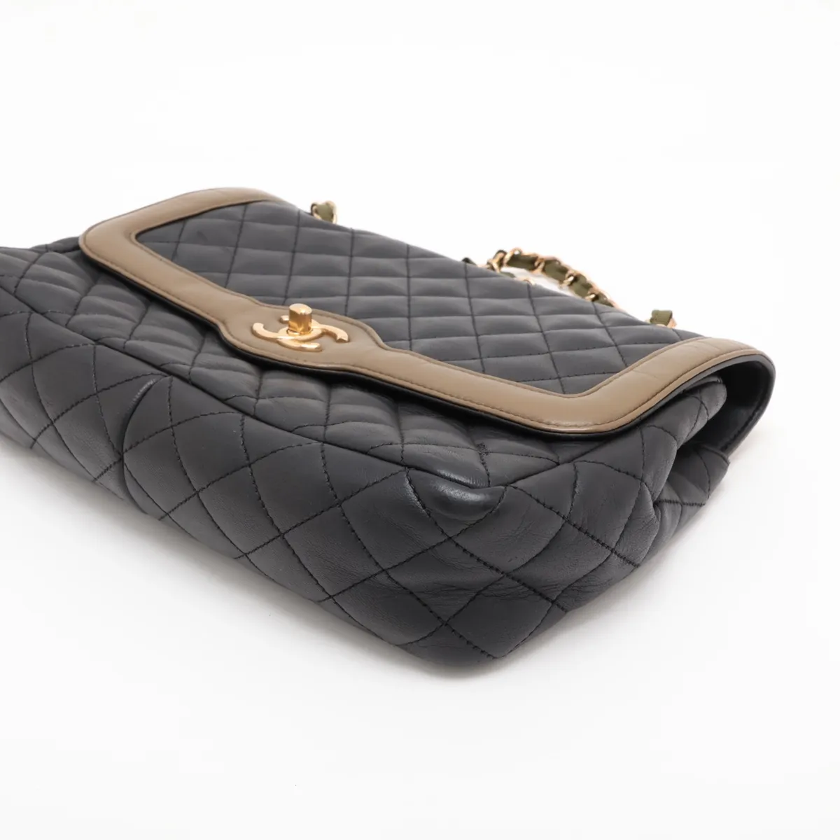 Matelassé Lambskin Single Flap Double Chain Bag, Black x Khaki, Gold Hardware, 23797777, Serial Number 23 — view 3